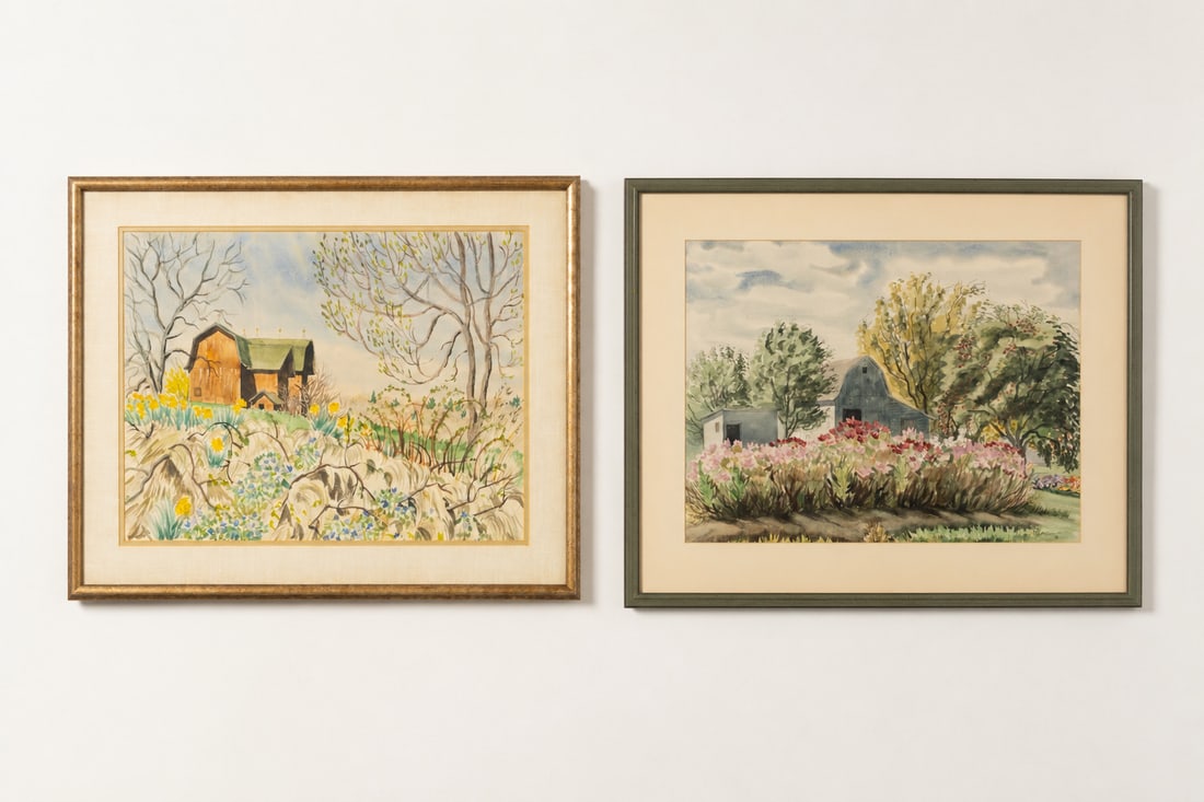 TWO FRAMED WATERCOLORS OF BARNS BY MARY BURCHFIELD (AMERICAN, 1924 - 1977).: TWO FRAMED WATERCOLORS OF BARNS BY MARY BURCHFIELD (AMERICAN, 1924 - 1977). American, 20th Century. Watercolors on paper. One depicting a gray barn behind a field of flowers. Signed lower right. Matte