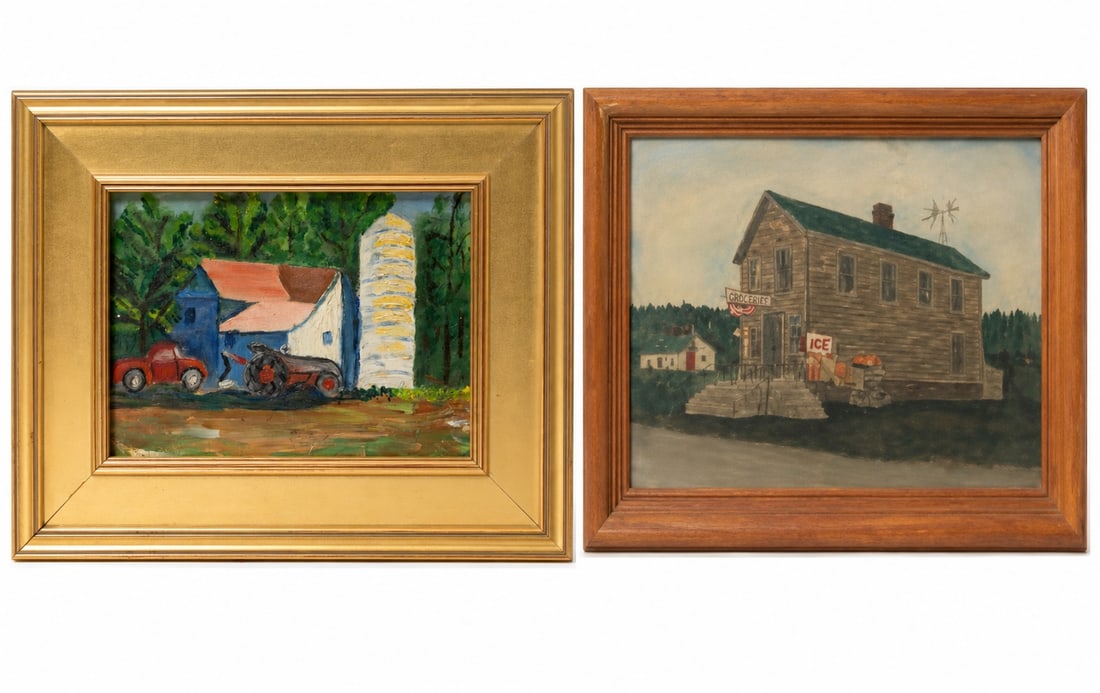 TWO DIMINUTIVE UNSIGNED OIL ON CANVASBOARDS.: TWO DIMINUTIVE UNSIGNED OIL ON CANVASBOARDS. American, 20th Century. One a colorful depiction of a red truck and tractor in front of a barn and silo. Board, 9"h. 12"w. In a gilt wood frame, 14.75"h. 1