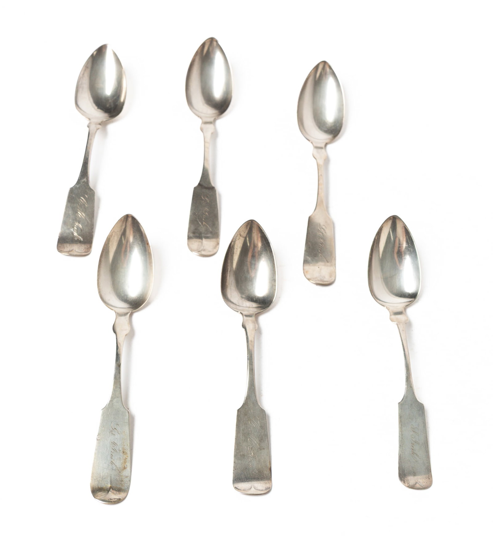SIX COIN SILVER SERVING SPOONS.: SIX COIN SILVER SERVING SPOONS. American, mid- 19th Century. Three are I. Spear, Chicago, Illinois, monogrammed, G. Th. Irish and three marked with the bust of a man, monogrammed, J. Irish. Approx.