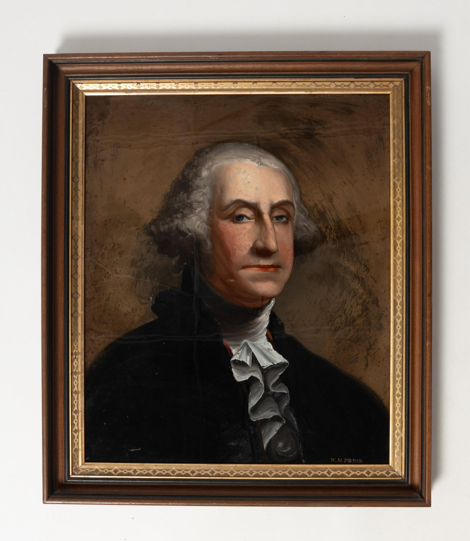 WILLIAM MATTHEW PRIOR (1806-1873) SCARCE SIGNED REVERSE PAINTED GLASS PORTRAIT OF GEORGE WASHINGTON.: WILLIAM MATTHEW PRIOR (1806-1873) SCARCE SIGNED REVERSE PAINTED GLASS PORTRAIT OF GEORGE WASHINGTON. American, mid- 19th Century. Depiction of a seated George Washington with coiffed hair, a puffy whi