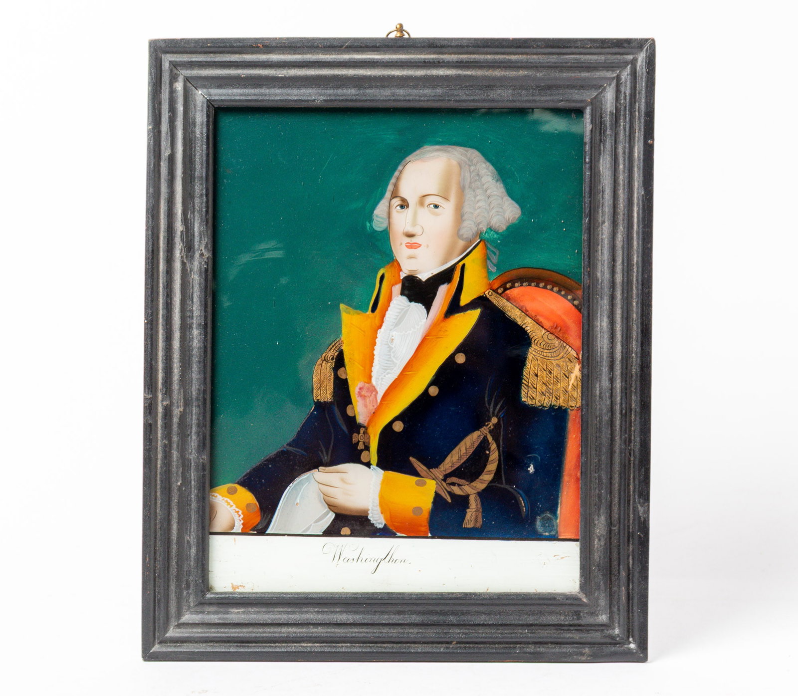 PORTRAIT OF GEORGE WASHINGTON IN UNIFORM REVERSE PAINTING ON GLASS. (1 of 4)