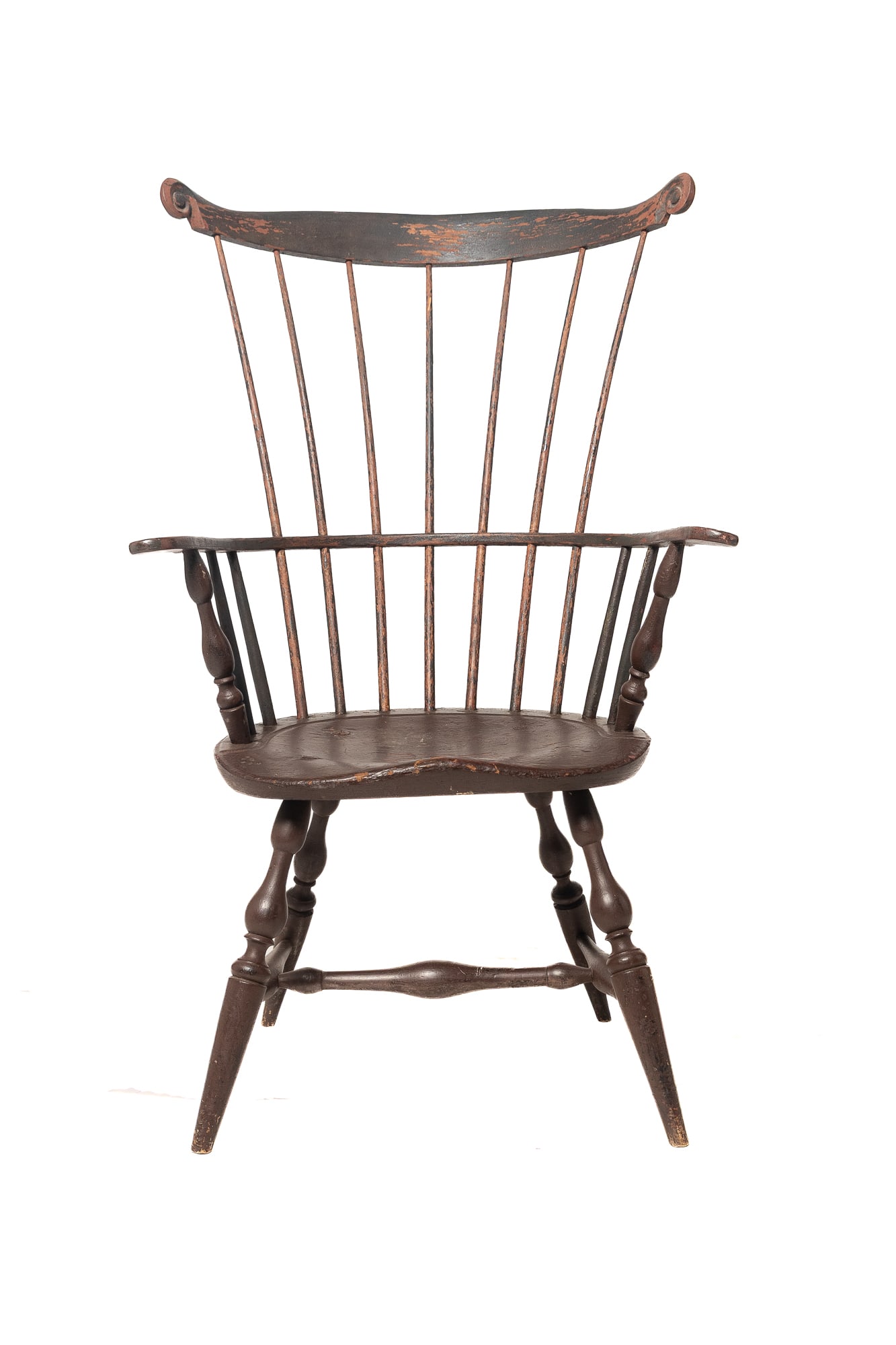 NEW ENGLAND FAN BACK WINDSOR ARMCHAIR WITH OLD BROWN PAINT. (1 of 8)