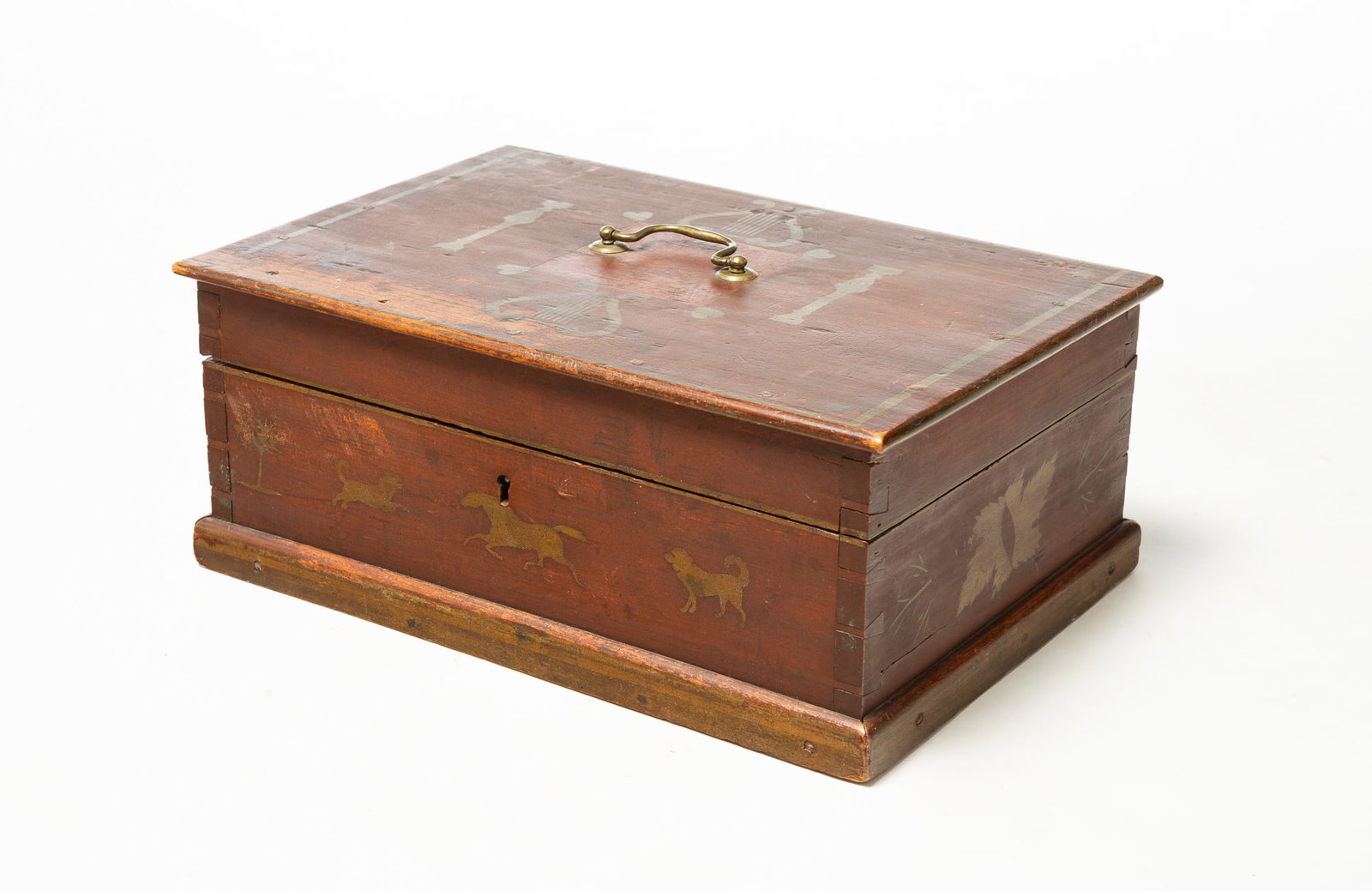 DOCUMENT BOX WITH ORIGINAL PAINT GILT-STENCILED DECORATION INCLUDING HEARTS, HORSE, STAG, AND DOG. (1 of 6)