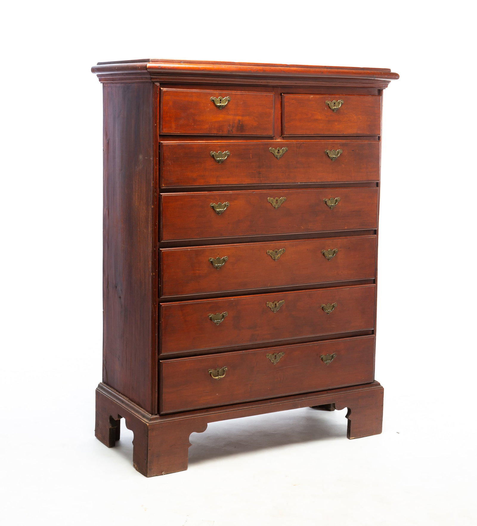 NEW ENGLAND QUEEN ANNE BIRCH TALL CHEST WITH ORIGINAL BRASS HARDWARE. (1 of 6)