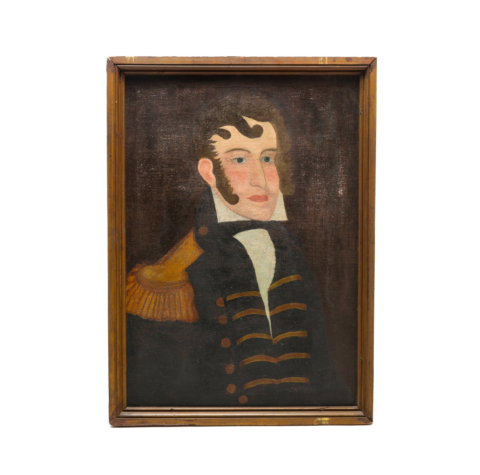 FOLK ART PORTRAIT OF COMMODORE STEPHEN DECATUR.: FOLK ART PORTRAIT OF COMMODORE STEPHEN DECATUR. American, 19th Century. Oil on canvas. A folksy version of the typical depiction of the naval hero wearing a dark coat with gold embellishments, shaggy 