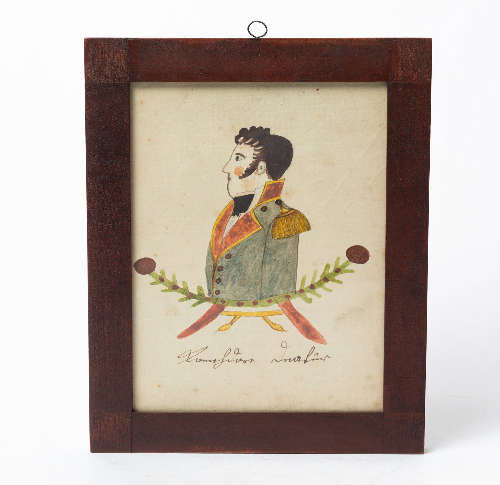 PENNSYLVANIA WATERCOLOR PORTRAIT OF COMMODORE STEPHEN DECATUR.: PENNSYLVANIA WATERCOLOR PORTRAIT OF COMMODORE STEPHEN DECATUR. American, early 19th Century. Bust portrait of the Commodore in black necktie, blue uniform with gold epaulets over a green wreath, Germa