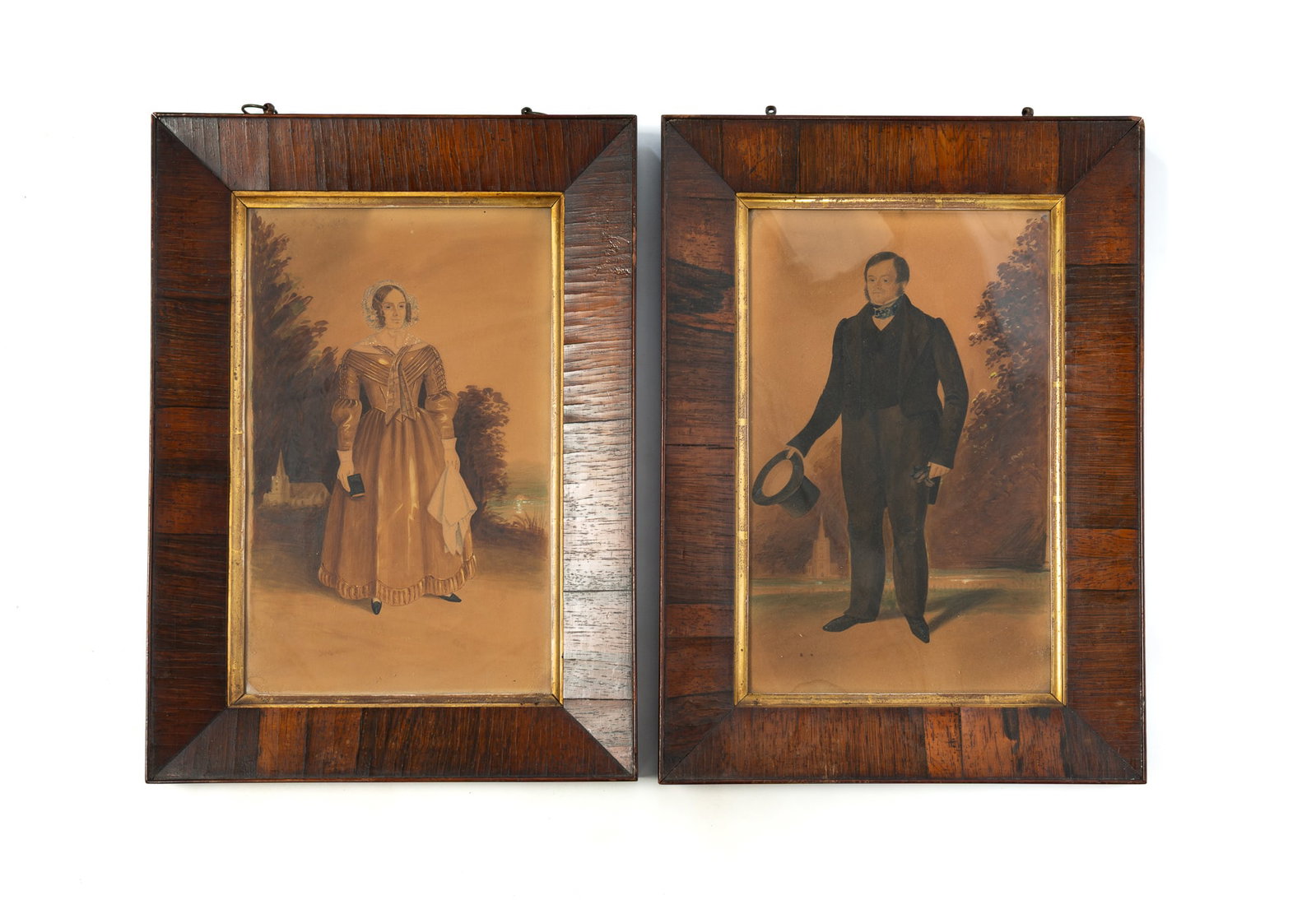 PAIR OF FULL-LENGTH PORTRAITS OF ELIZABETH AND JOHN HODGE PAINTED BY I.G. GREEN.: PAIR OF FULL-LENGTH PORTRAITS OF ELIZABETH AND JOHN HODGE PAINTED BY I.G. GREEN. American, 19th Century. Watercolor and gouache on paper. She wears a white lace bonnet, a dress with puffy sleeves and 