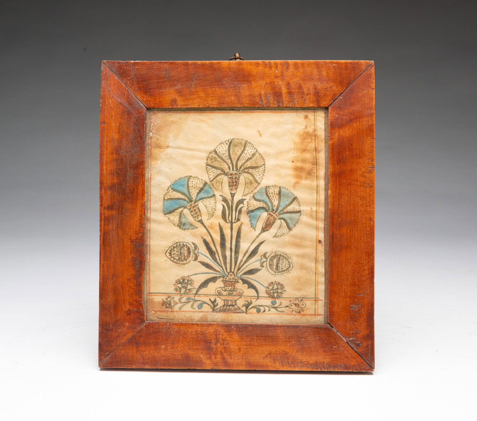 MINIATURE WATERCOLOR OF FLOWERS IN A TIGER MAPLE FRAME. (1 of 4)