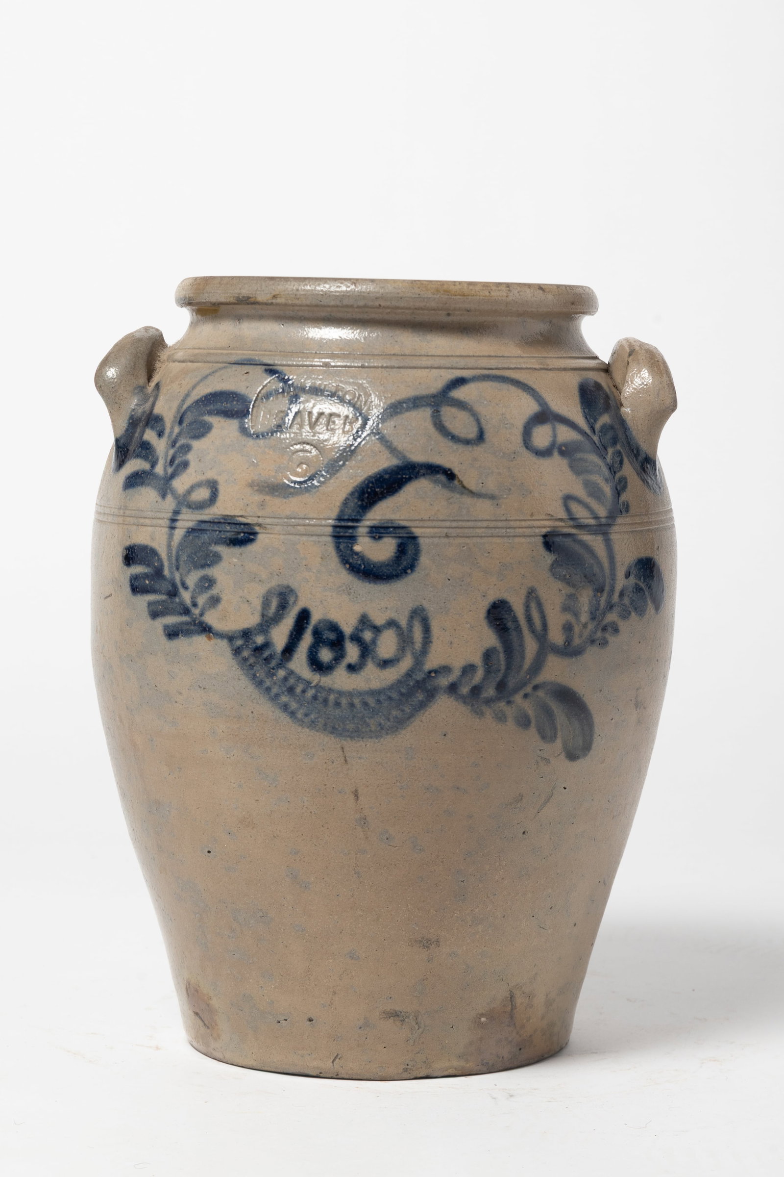 HANDSOME BRUSHED COBALT DECORATED SIX-GALLON STORAGE JAR BY J. HAMILTON (BEAVER, PENNSYLVANIA) DATED: HANDSOME BRUSHED COBALT DECORATED SIX-GALLON STORAGE JAR BY J. HAMILTON (BEAVER, PENNSYLVANIA) DATED 1850. American (Southwestern Pennsylvania), 19th Century. Of ovoid form with a semi-rounded rim, to