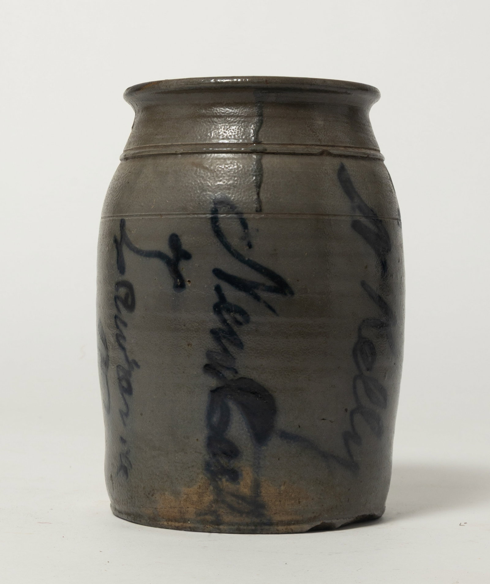 SCARCE COBALT SLIP SIGNED STONEWARE JAR BY NELSON KELLY (NEW CASTLE, LAWRENCE COUNTY AND BEAVER: SCARCE COBALT SLIP SIGNED STONEWARE JAR BY NELSON KELLY (NEW CASTLE, LAWRENCE COUNTY AND BEAVER COUNTY, PENNSYLVANIA). American (Northwestern Pennsylvania), 19th Century. Of slightly ovoid form with r