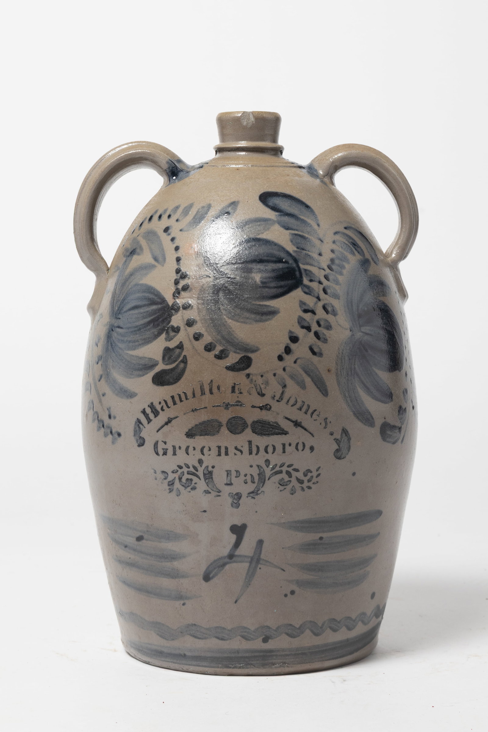 EXUBERANTLY COBALT-DECORATED FOUR GALLON DOUBLE-HANDLED STONEWARE JUG BY HAMILTON & JONES (ACTIVE (1 of 7)