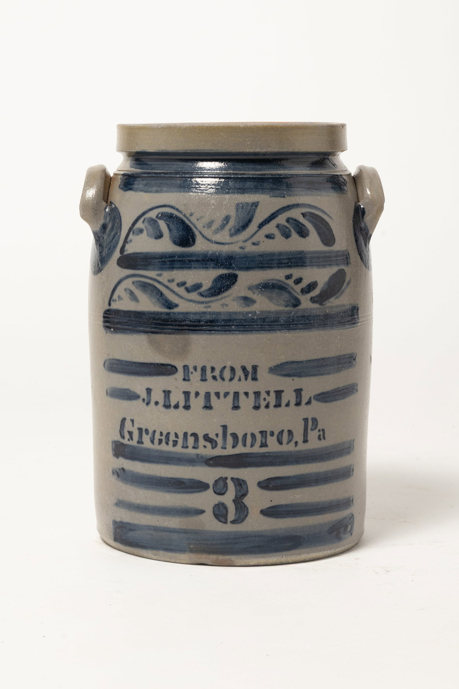 SCARCE THREE-GALLON JAR BY JOHNSTON LITTELL (GREENSBORO, PENNSYLVANIA) WITH EXTENSIVE BRUSHED AND: SCARCE THREE-GALLON JAR BY JOHNSTON LITTELL (GREENSBORO, PENNSYLVANIA) WITH EXTENSIVE BRUSHED AND STENCILED COBALT DECORATION. American (Southwestern Pennsylvania), third quarter 19th Century. Of cyli