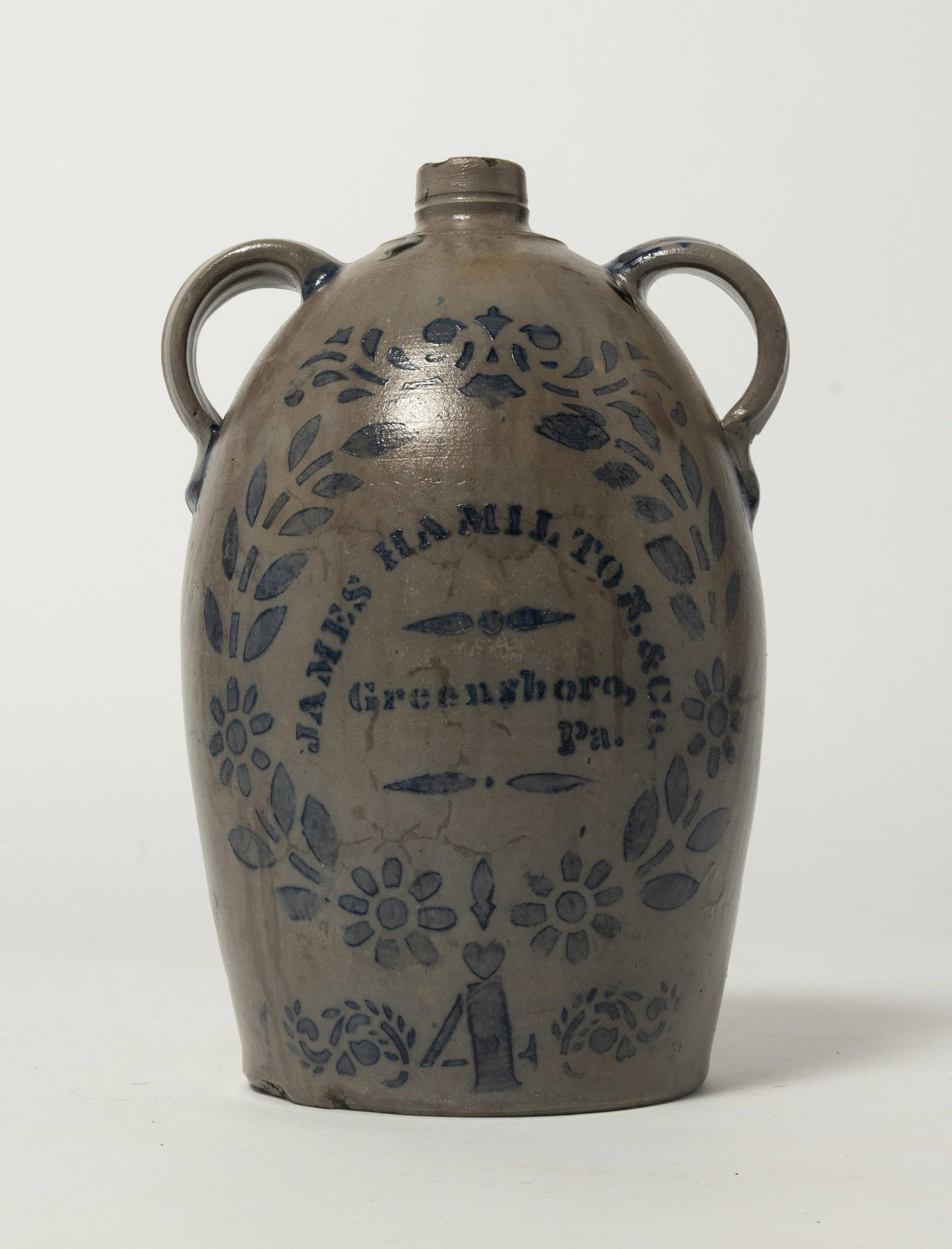 JAMES HAMILTON & CO (GREENSBORO, PENNSYLVANIA) DOUBLE-HANDLED STONEWARE JUG WITH EXTENSIVE COBALT (1 of 5)