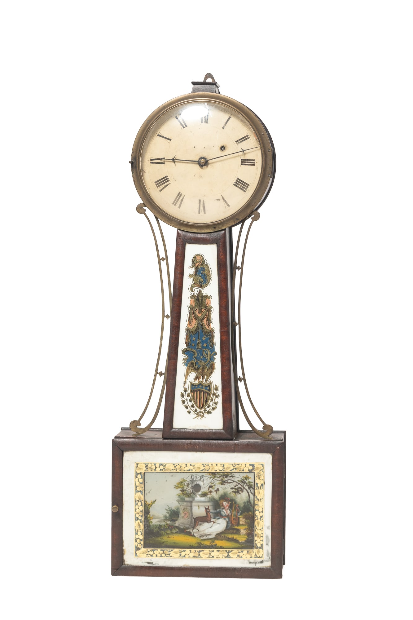 PATRIOTIC MAHOGANY BANJO CLOCK WITH REVERSE PAINTED TABLET AND EAGLE AND SHIELD. (1 of 10)