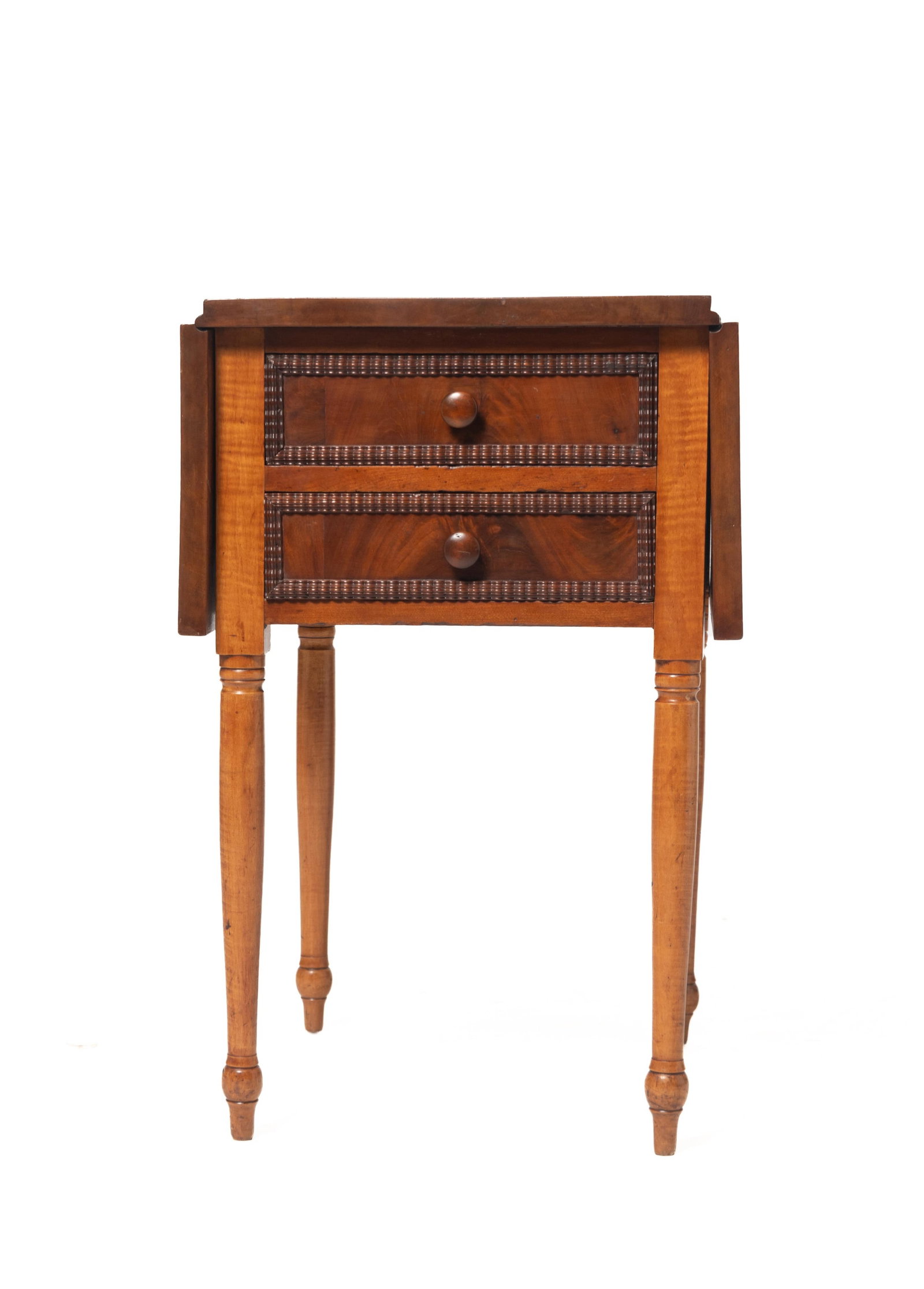 SHERATON CHERRY AND TIGER MAPLE TWO DRAWER DROP LEAF STAND. (1 of 4)