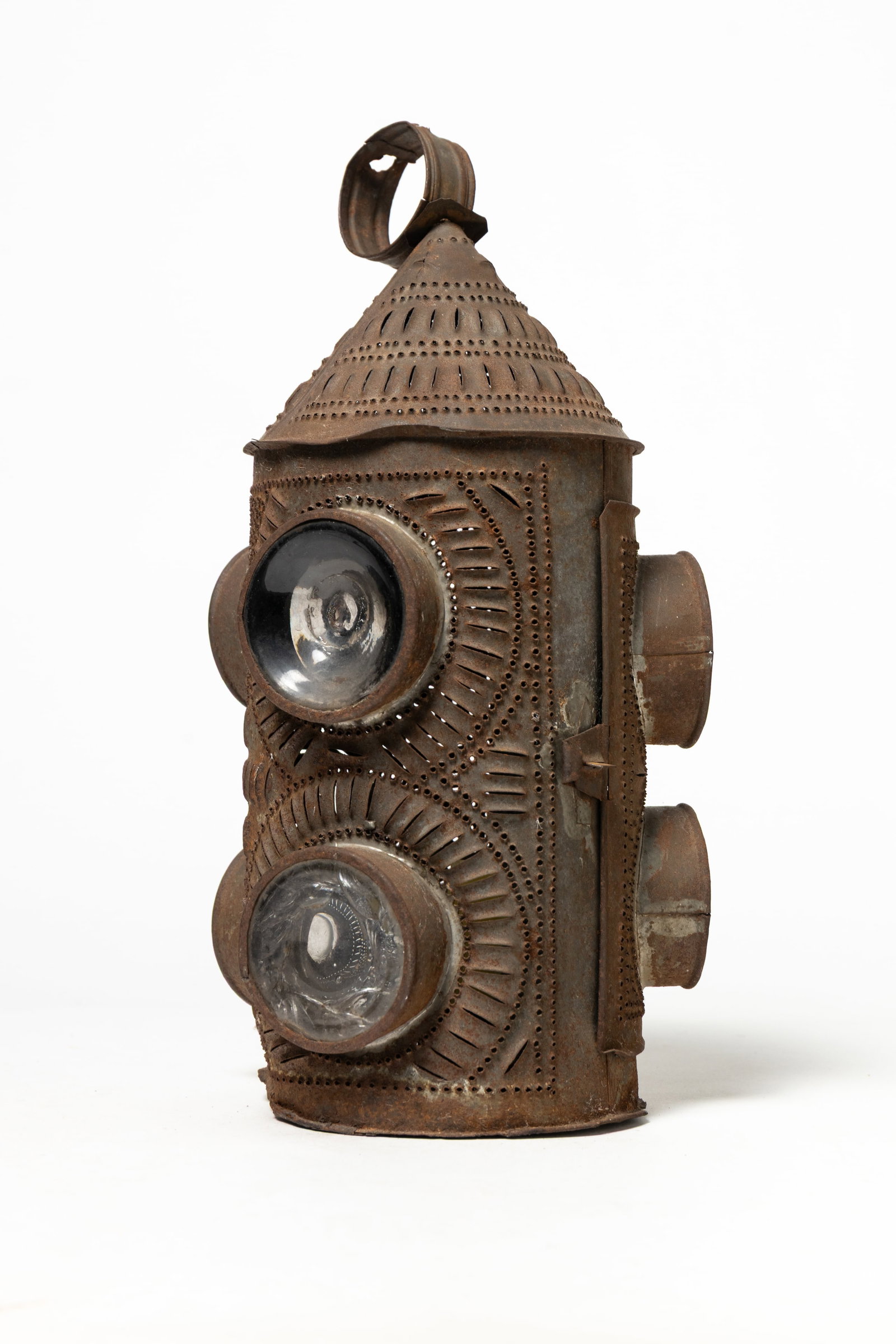 PUNCHED TIN LANTERN WITH GLASS BULLSEYES. (1 of 4)
