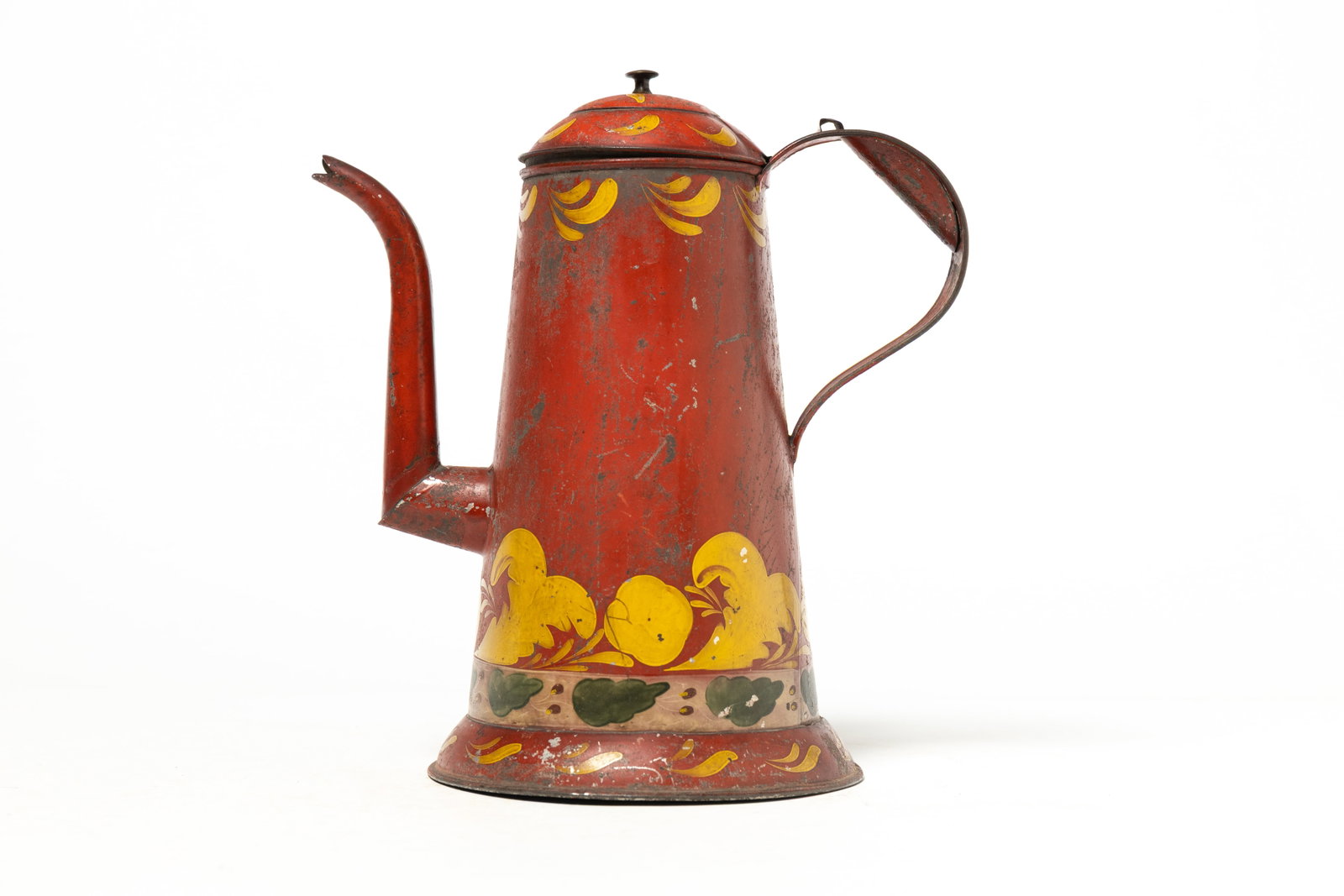 FINE PENNSYLVANIA TOLEWARE GOOSENECK COFFEE POT WITH ORIGINAL RED AND POLYCHROME PAINTED DECORATION. (1 of 3)