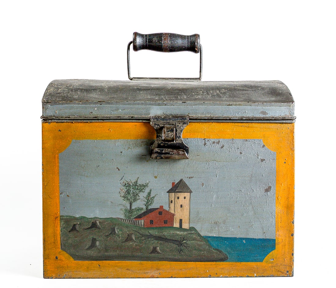 WONDERFUL PENNSYLVANIA FOLSKY PAINTED AND DECORATED TOLE DECANTER CASE. (1 of 6)