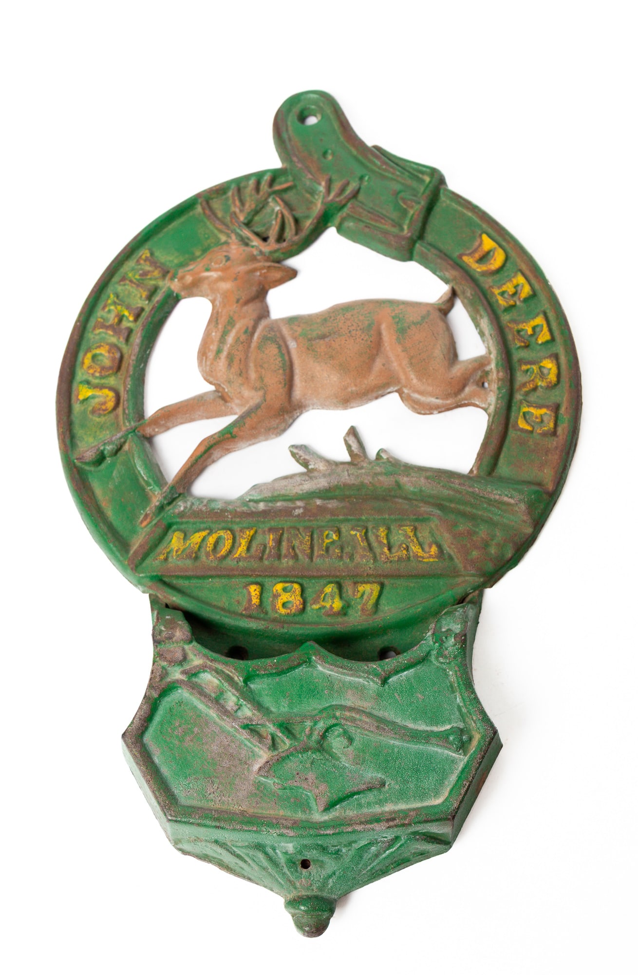 CAST IRON JOHN DEERE HANGING MATCH SAFE. (1 of 4)