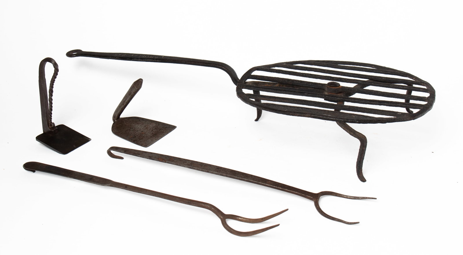 FIVE FORGED IRON HEARTHSIDE UTENSILS. (1 of 4)