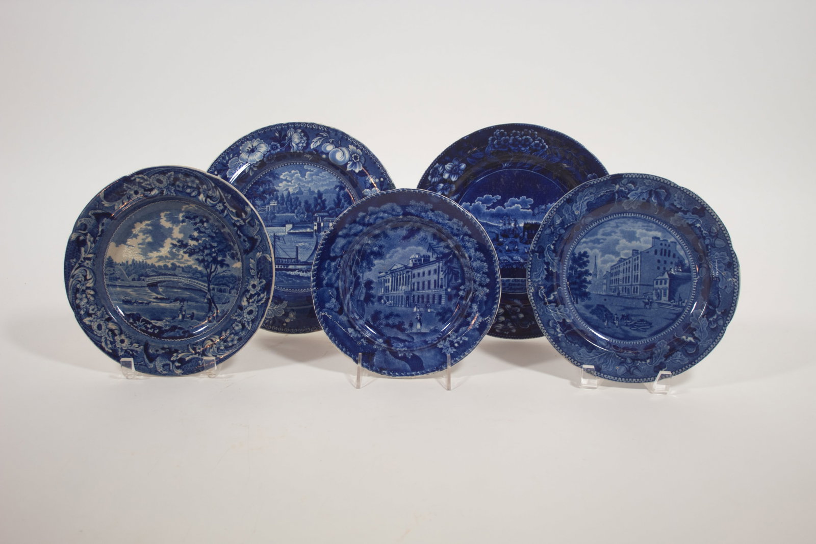 FIVE HISTORICAL BLUE STAFFORDSHIRE PLATES WITH AMERICAN SCENES. (1 of 7)