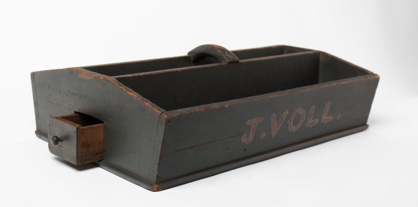 LARGE WOODEN CARRIER WITH NAME "J. VOLL." IN ORIGINAL GREEN PAINT. (1 of 5)