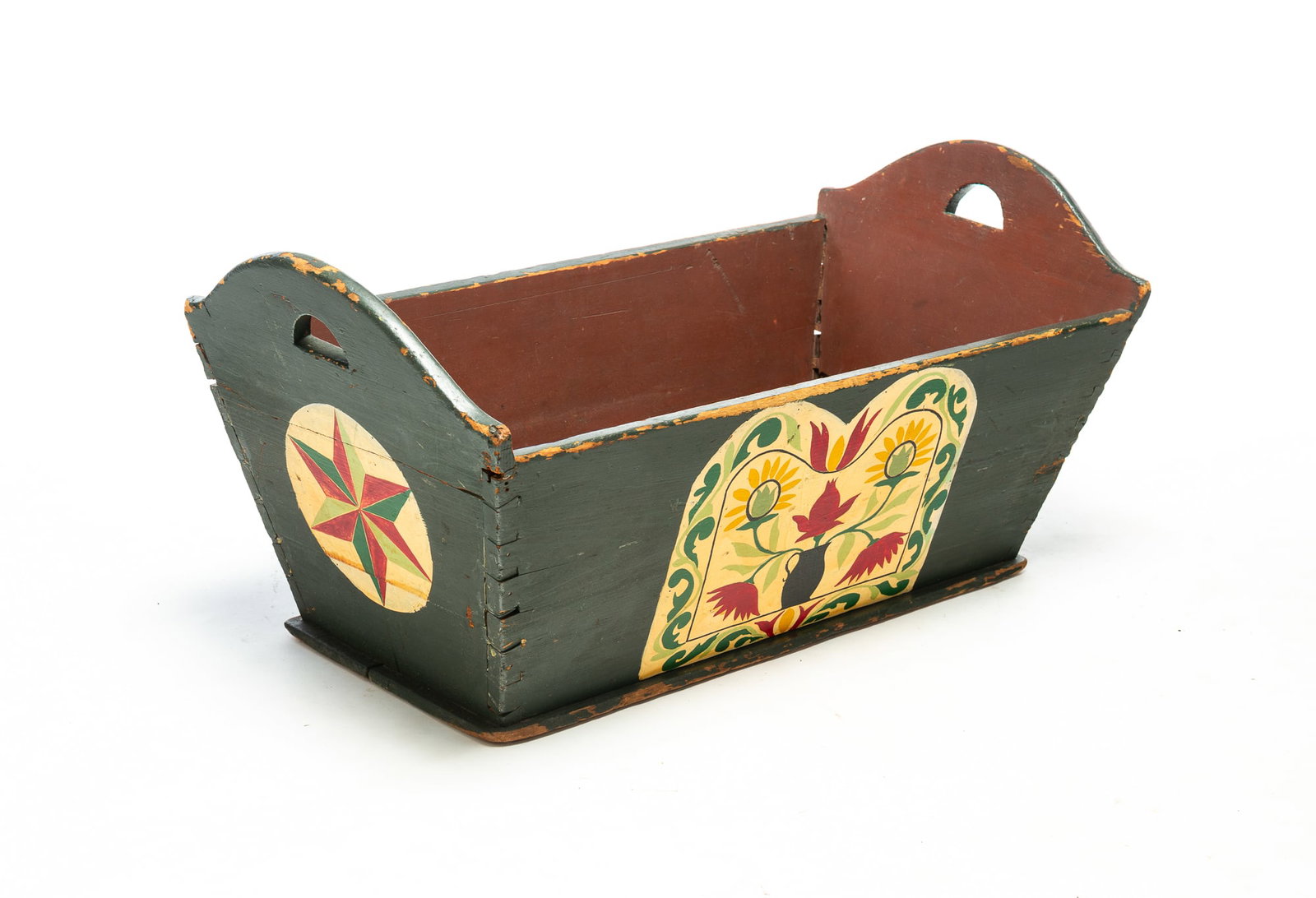PAINT-DECORATED DOUGH BOX.: PAINT-DECORATED DOUGH BOX. American (probably Pennsylvania), 19th Century. Dovetailed construction. Having canted sides with shaped ends, six-pointed stars painted on ends, flowering urn and scrolls p