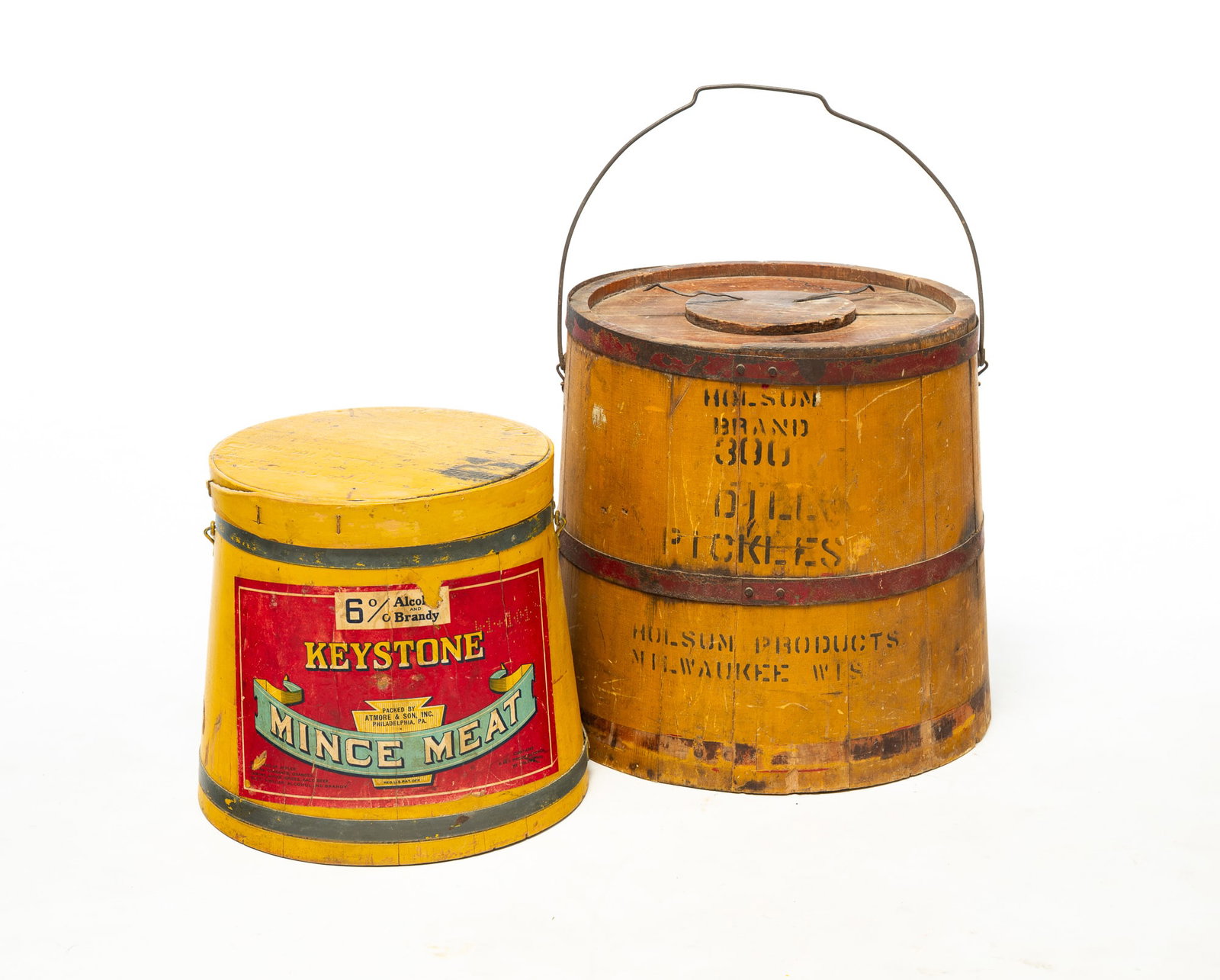 TWO FIRKINS WITH YELLOW PAINT AND LABELS, INCL. PHILADELPHIA, PENNSYLVANIA EXAMPLE. (1 of 7)