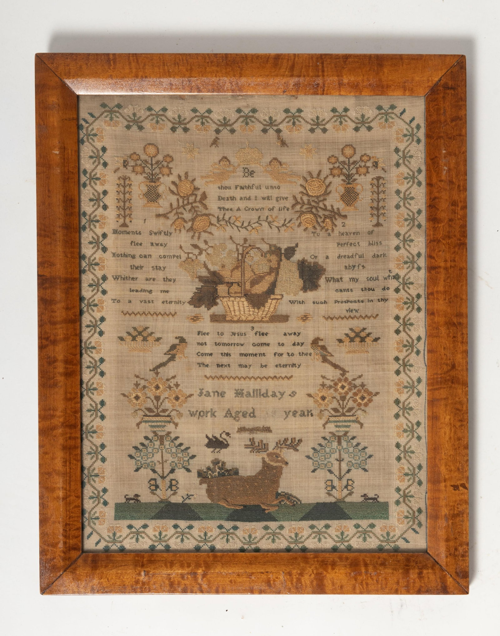 FINE PETIT POINT NEEDLEWORK SAMPLER WROUGHT BY JANE HALLIDAY WITH STAG, DOGS, AND CHERUBS. (1 of 3)