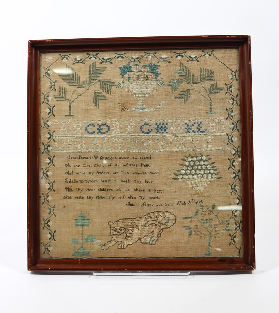 NEEDLEWORK SAMPLER WROUGHT BY JULIA STARK, WITH A BIG CAT. (1 of 5)