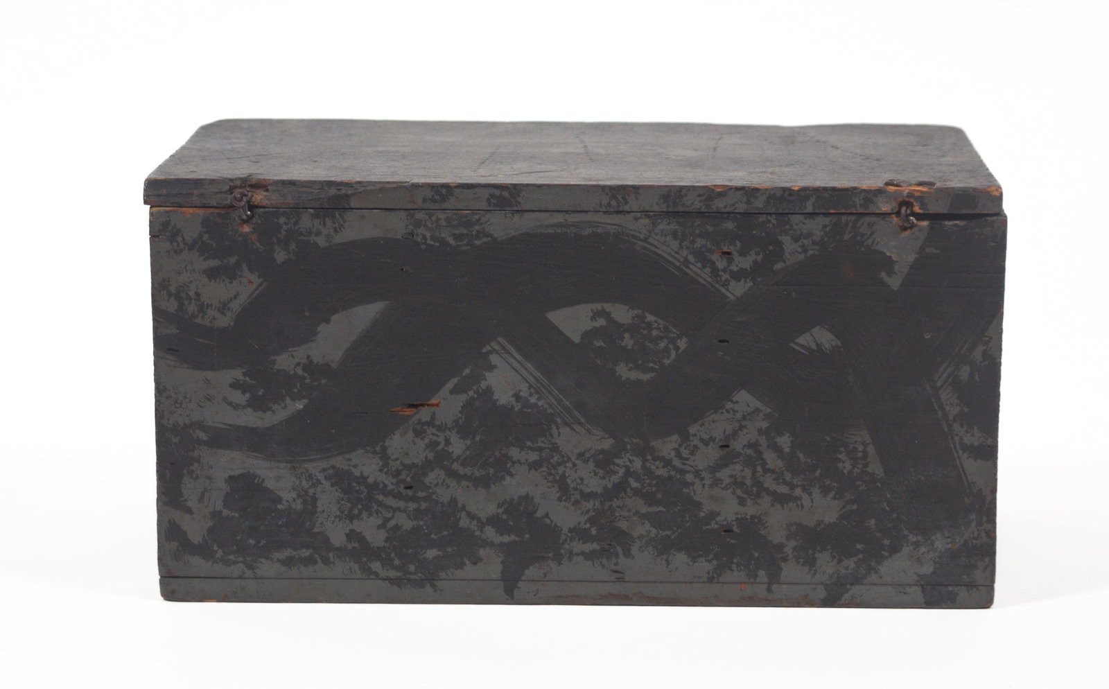 DARK BLUE SMOKE-DECORATED BOX.: DARK BLUE SMOKE-DECORATED BOX. American, 19th Century. Pine. Having a rectangular lid with snipe hinges above a conforming case; fitted with a wire clasp; 5.25"h. 10"w. 5"d. Provenance: Nancy Goff