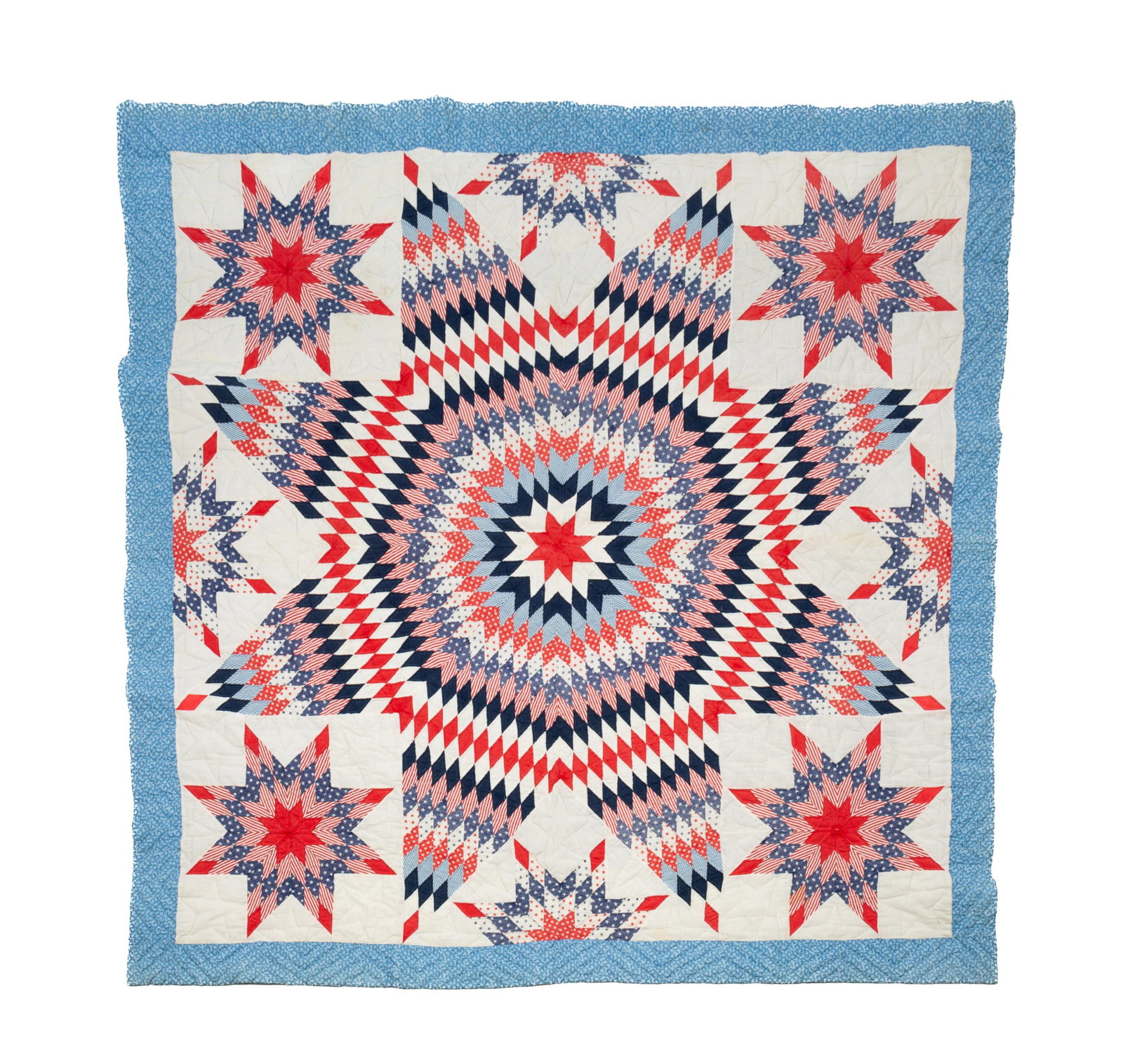 AMERICAN "STAR OF BETHLEHEM" YOUTH BED QUILT.: AMERICAN "STAR OF BETHLEHEM" YOUTH BED QUILT. Second half 19th Century. Cotton. Hand-stitched in patterned, red, white, and blue fabrics on a white background. Blue border, large star center