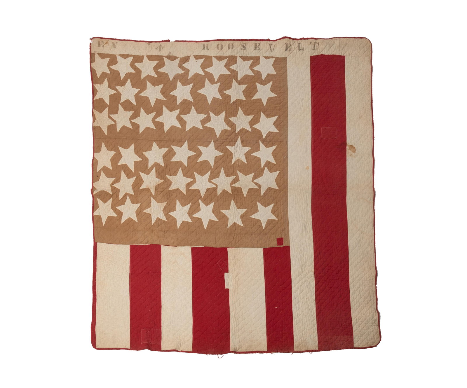 INDEPENDENCE, WASHINGTON COUNTY, PENNSYLVANIA THEODORE ROOSEVELT CAMPAIGN QUILT.: INDEPENDENCE, WASHINGTON COUNTY, PENNSYLVANIA THEODORE ROOSEVELT CAMPAIGN QUILT. American, Early 20th Century. Cotton. Red and white stripes, tan field, and forty-five white stars. Stenciled