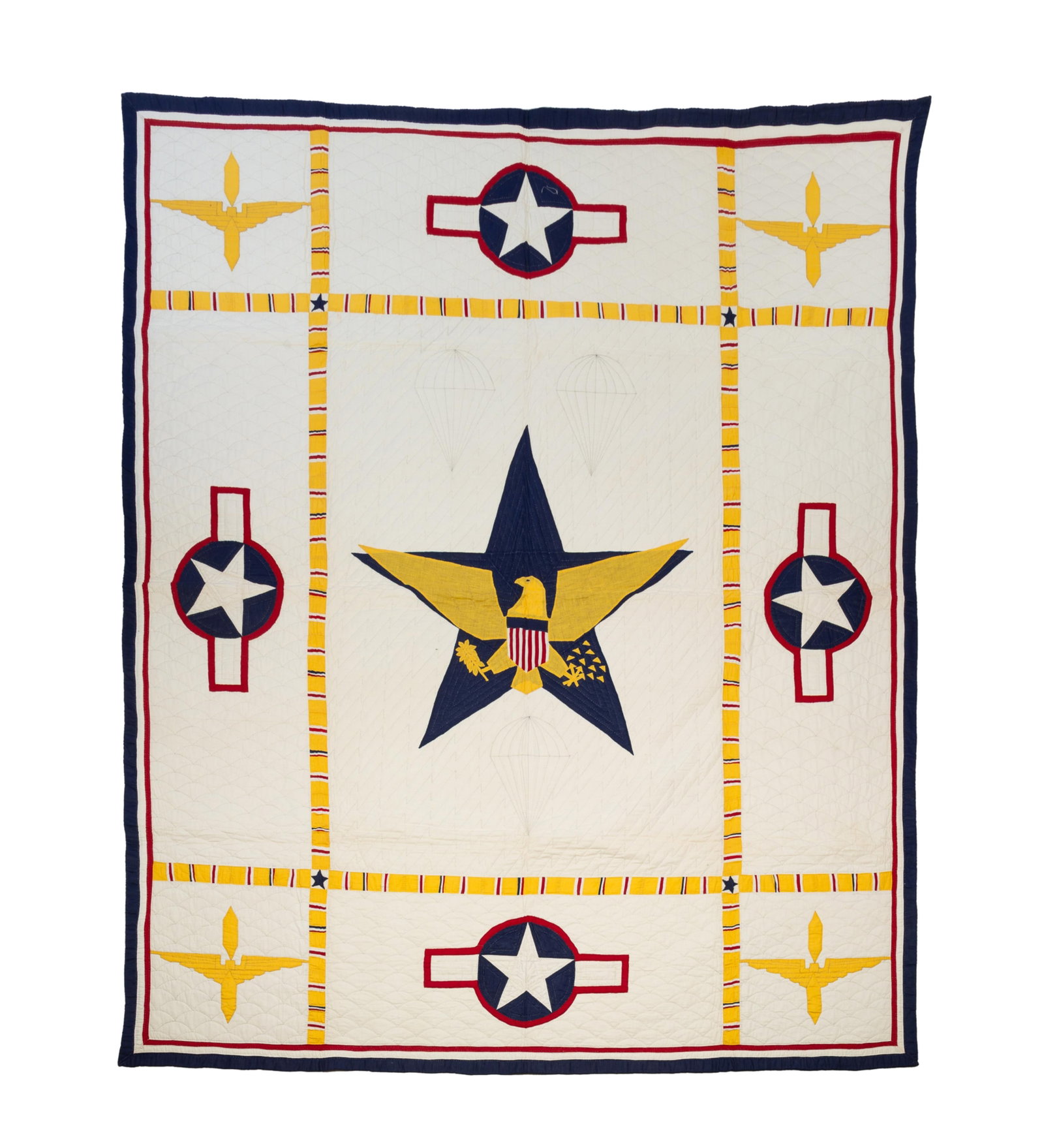 UNITED STATES AIR FORCE PATRIOTIC QUILT.: UNITED STATES AIR FORCE PATRIOTIC QUILT. American, mid- 20th Century. Cotton. White background, red, white, and blue border and gold eagle with a shield center. 78.5"w. 94"l. Provenance: From the Life