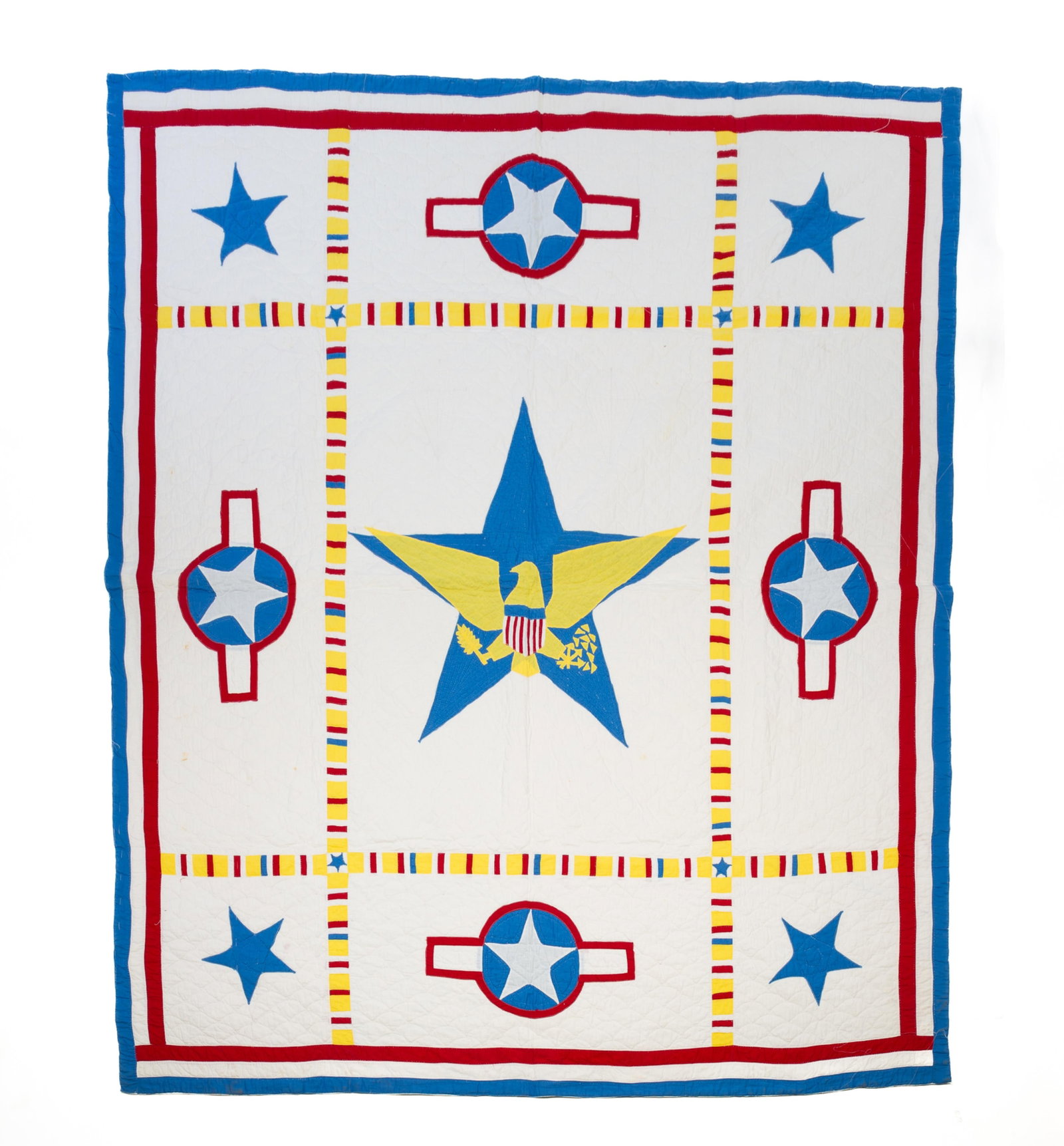 UNITED STATES AIR FORCE PATRIOTIC QUILT.: UNITED STATES AIR FORCE PATRIOTIC QUILT. American, mid- 20th Century. Cotton. White background, red, white, and blue border, gold eagle, and shield center. 75"w. 89"l. Provenance: From the Lifetime