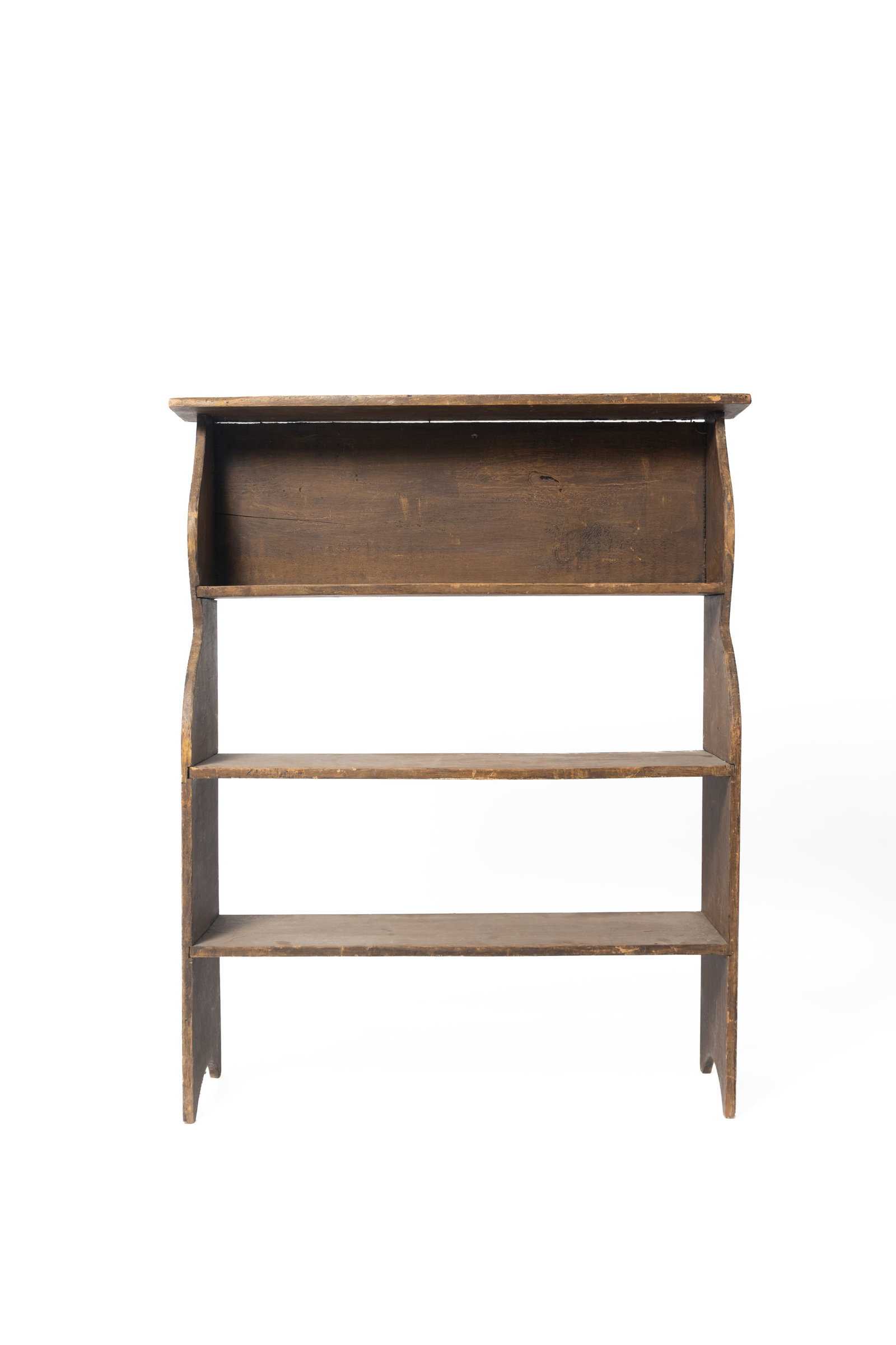 BUCKET BENCH WITH ORIGINAL GRAIN PAINT.: BUCKET BENCH WITH ORIGINAL GRAIN PAINT. American, mid- 19th Century. Pine. Top shelf with overhang, shaped ends with rounded cutout legs, three shelves, and brown graining. 48.25"h. 40"w. 11"d.