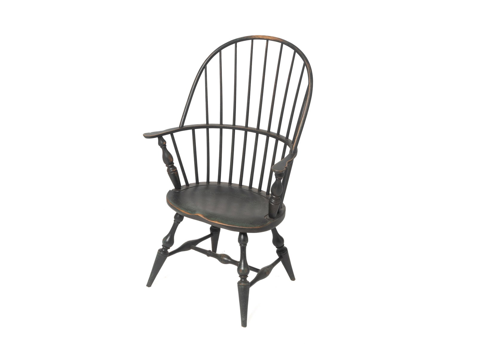 SACK BACK WINDSOR CHAIR WITH DISTRESSED BLACK PAINT. (1 of 5)