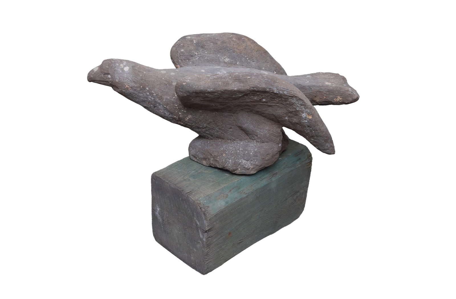 ERNEST "POPEYE" REED (OHIO, 1919-1985) FOLK ART CARVED STONE EAGLE SCULPTURE.: ERNEST "POPEYE" REED (OHIO, 1919-1985) FOLK ART CARVED STONE EAGLE SCULPTURE. American, 20th Century. A perched eagle, bent forward with its wings back, getting ready to take flight. 14.5"h. 20"w.