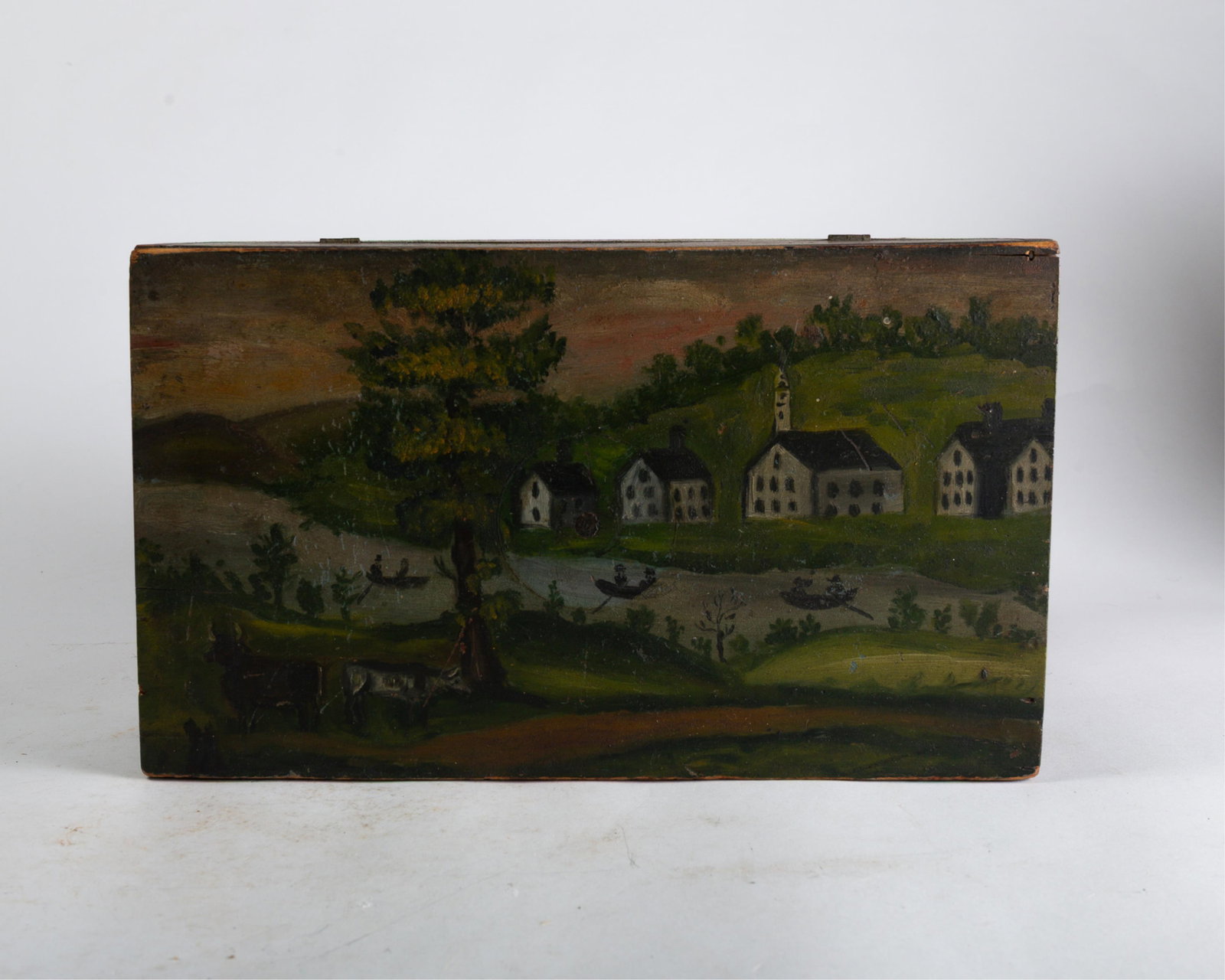 NEW ENGLAND DOVETAILED BOX WITH ORIGINAL PAINT DECORATION OF BOSTON COMMONS.: NEW ENGLAND DOVETAILED BOX WITH ORIGINAL PAINT DECORATION OF BOSTON COMMONS. American, mid- 19th Century. The dovetailed box with beautifully painted scenes of houses, large white buildings, hills,