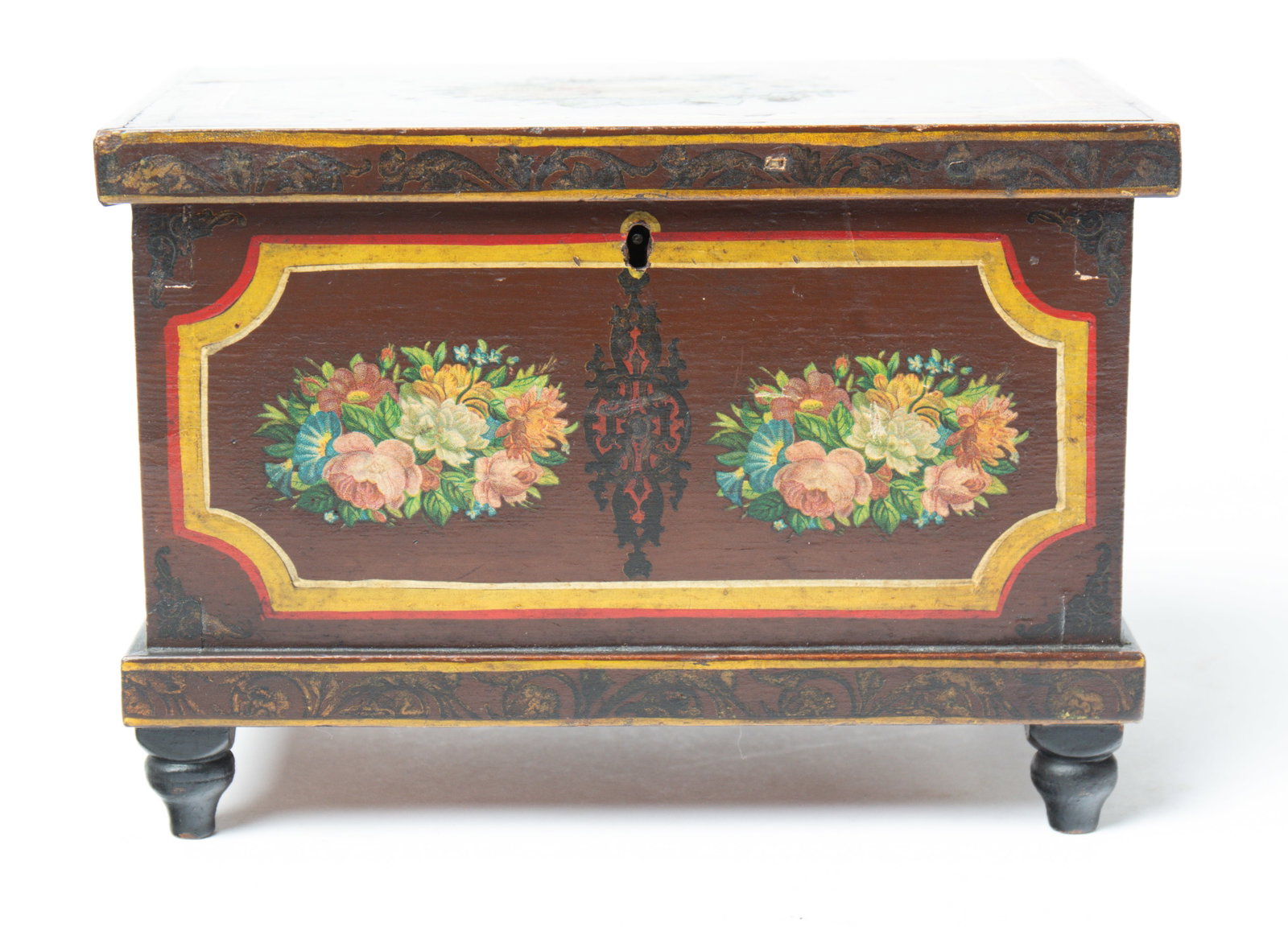 JOSEPH LEHN (LANCASTER, PENNSYLVANIA 1798-1892) FOLK ART PAINTED AND DECOUPAGED DRESSER BOX. (1 of 5)