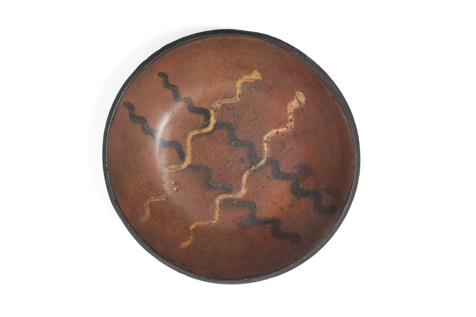 DIMINUTIVE WILLOUGHBY SMITH (WOMELSDORF, PENNSYLVANIA, 1839-1904) SLIP-DECORATED REDWARE SHALLOW (1 of 4)