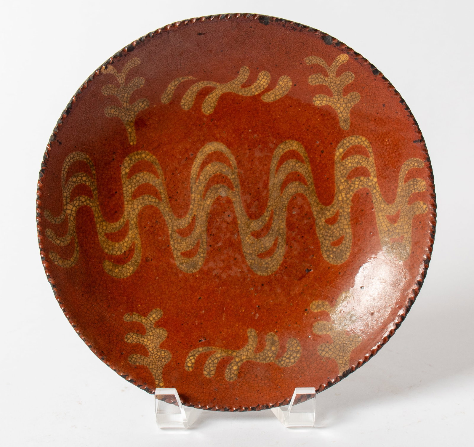 THREE SLIP-DECORATED REDWARE PLATES. - 3