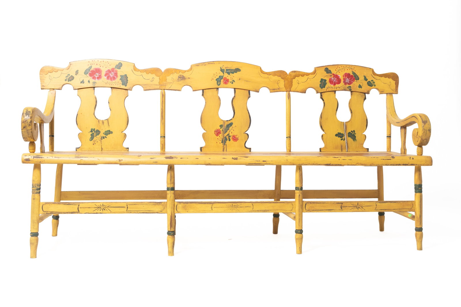 PAINT-DECORATED SETTLE BENCH. (1 of 8)