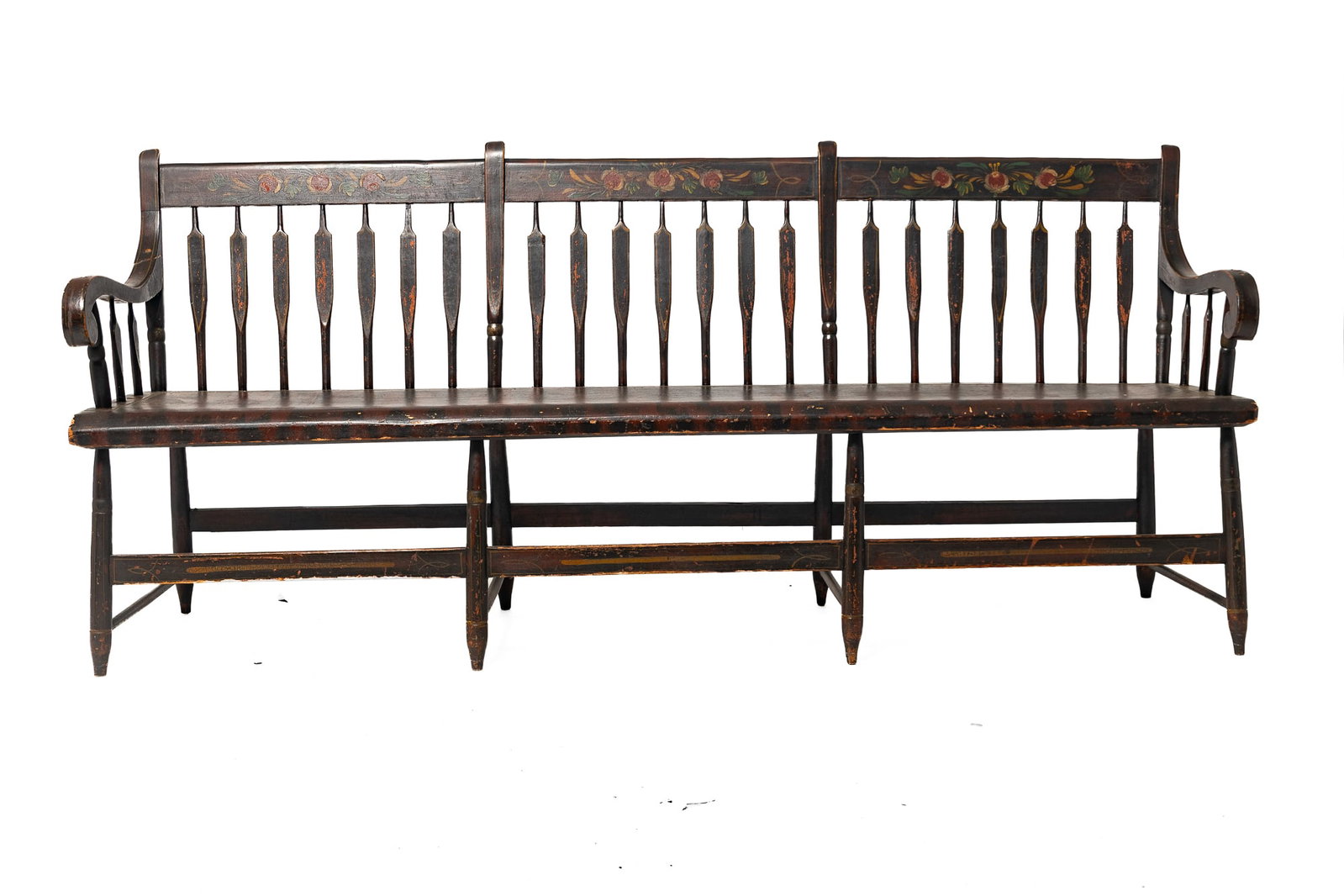 PAINT-DECORATED ARROW BACK SETTLE BENCH. (1 of 17)