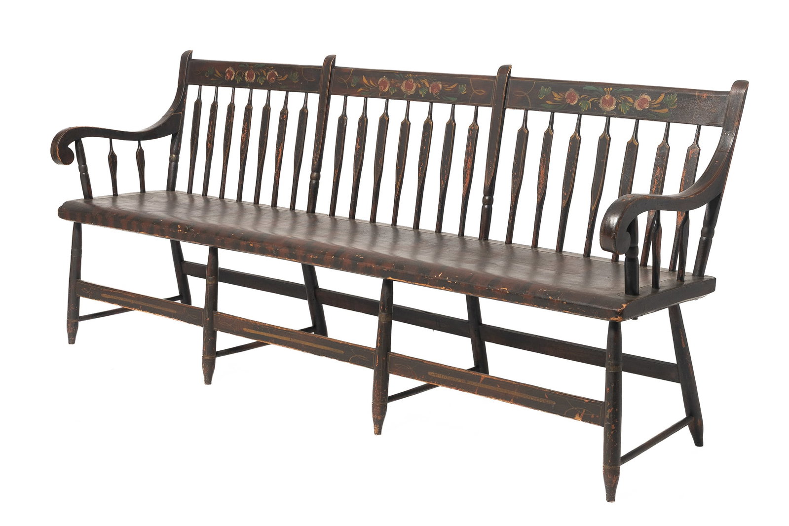 PAINT-DECORATED ARROW BACK SETTLE BENCH. - 6