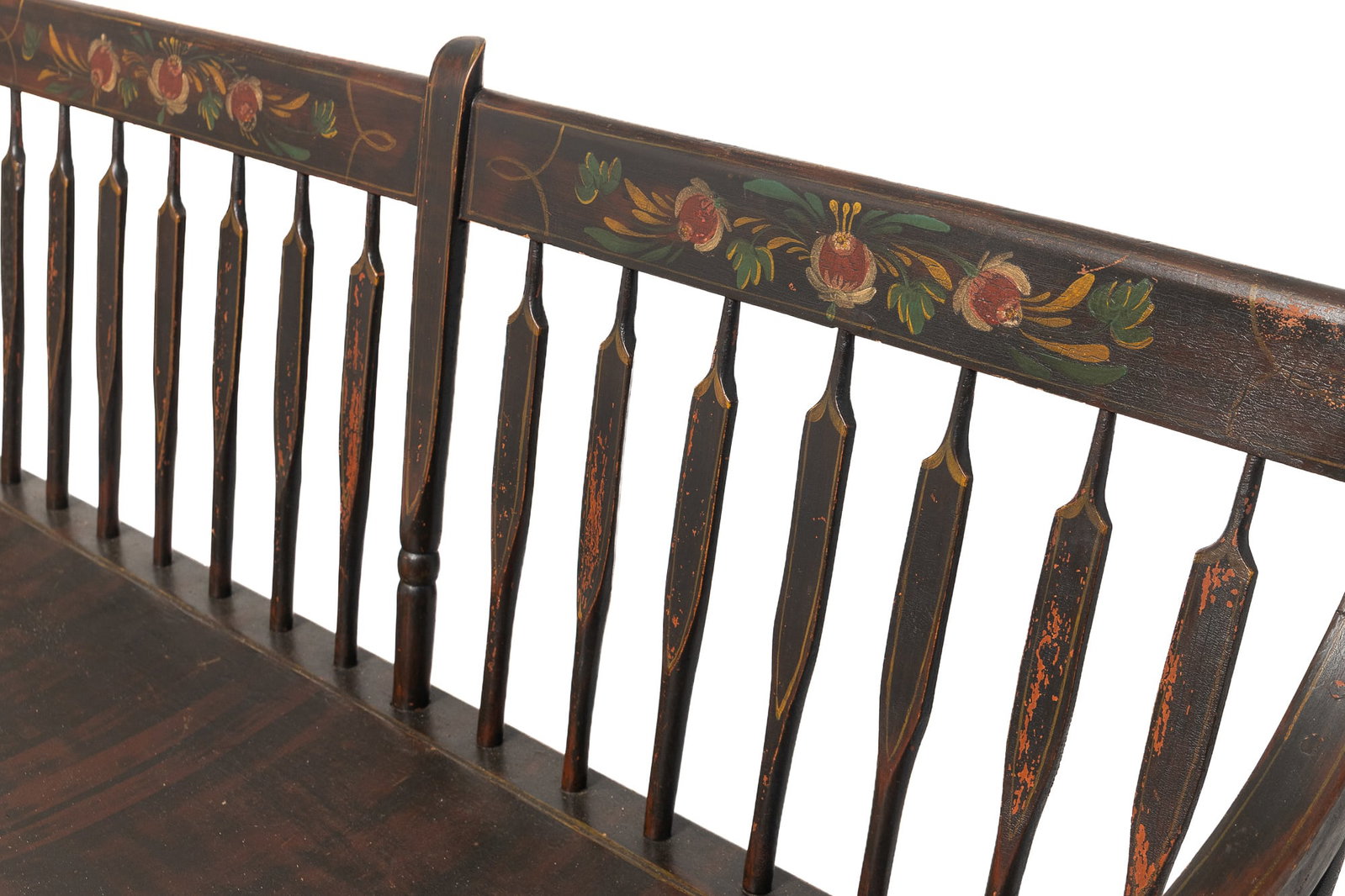 PAINT-DECORATED ARROW BACK SETTLE BENCH. - 7