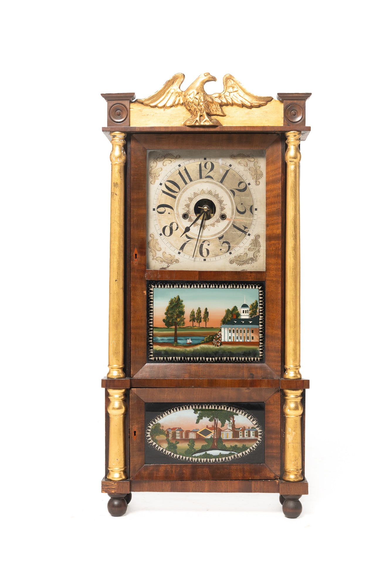 FORESTVILLE MANUFACTURING (BRISTOL, CONNECTICUT) TRIPLE DECKER EMPIRE SHELF CLOCK WITH CARVED EAGLE. (1 of 10)