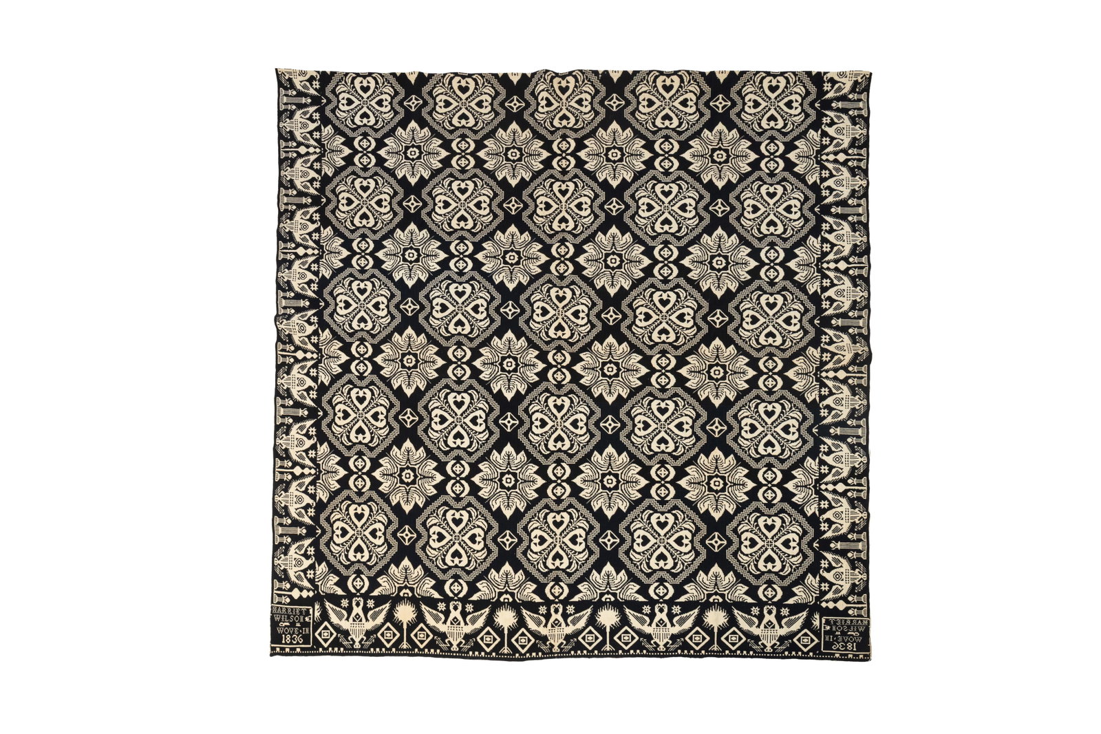 HARRIET WILSON SUMMER-WINTER JACQUARD COVERLET WITH EAGLE BORDER.: HARRIET WILSON SUMMER-WINTER JACQUARD COVERLET WITH EAGLE BORDER. American, Second quarter 19th Century. Blue and white, eagle with shield, tree, and Masonic border, floral and heart field, and corner