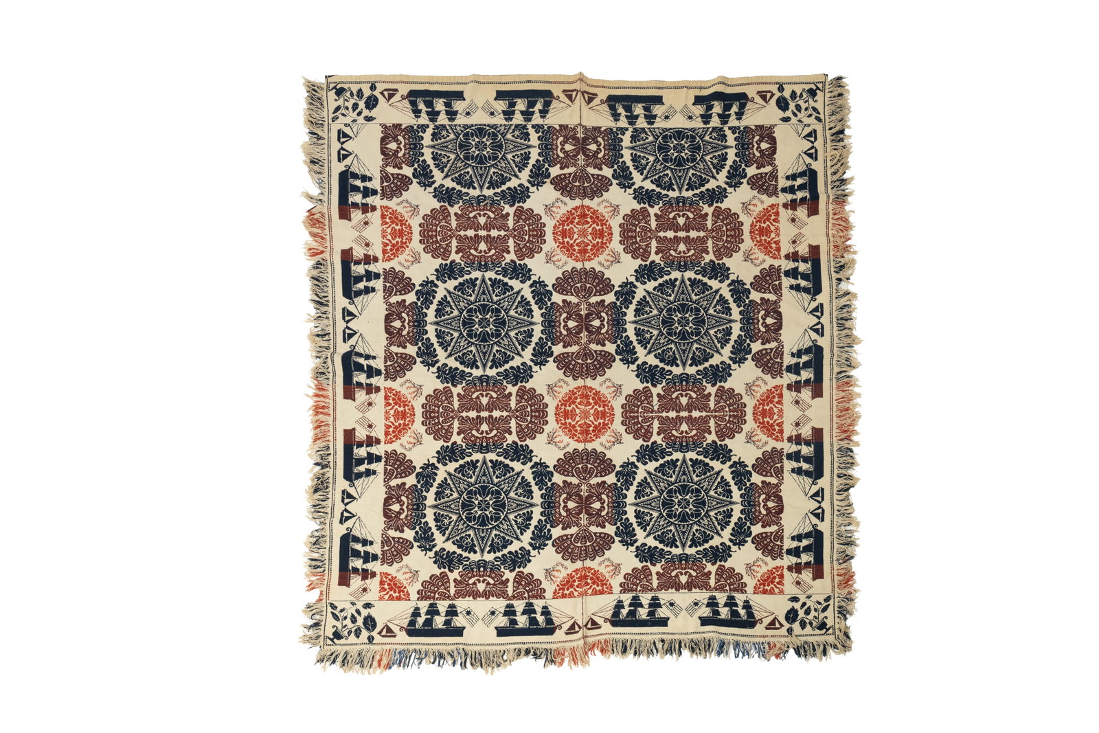 UNSIGNED SUMMER-WINTER COVERLET WITH URN OF FLOWERS, CORNER BLOCKS, AND SAILING SHIPS WITH AMERICAN (1 of 4)