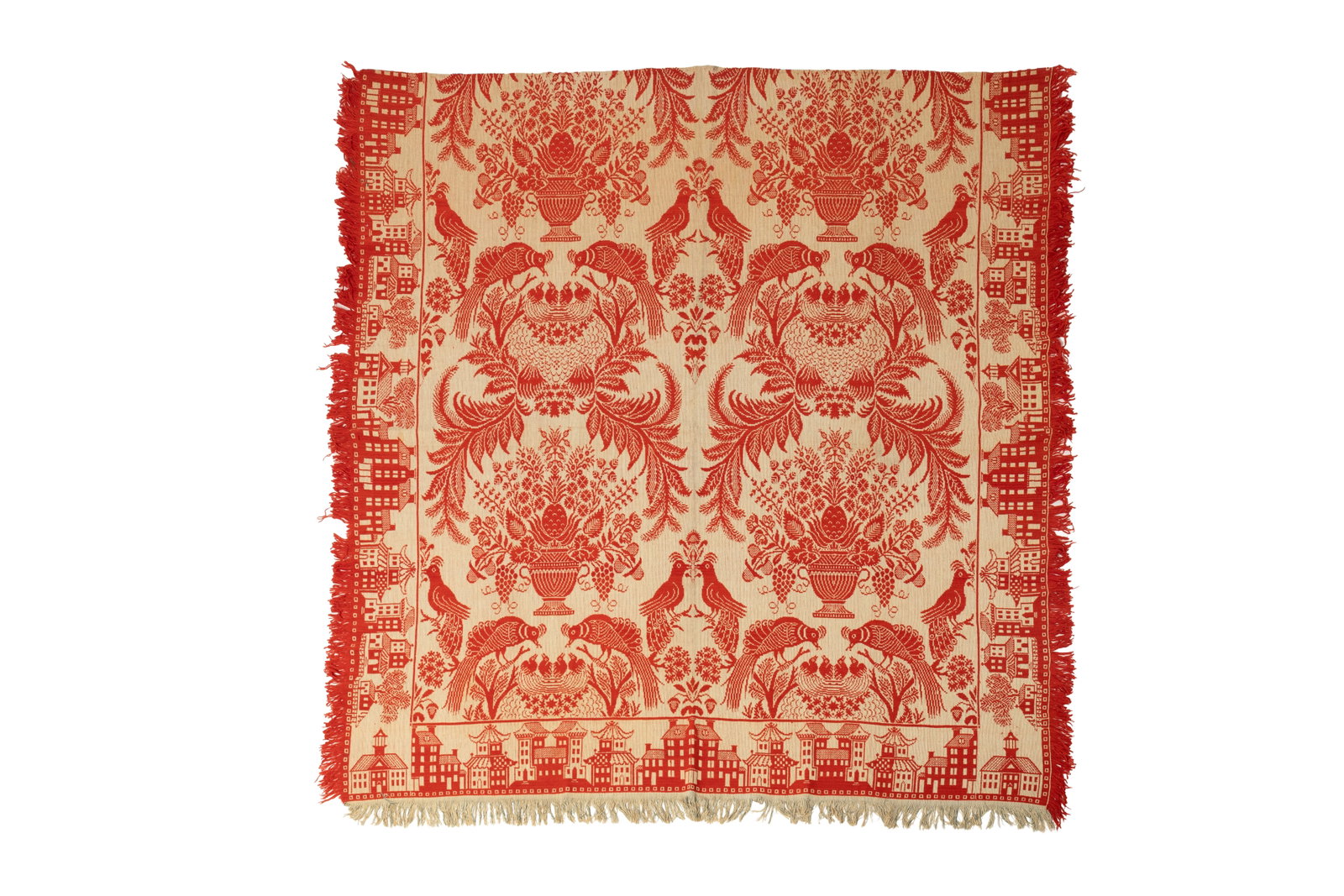 RED AND WHITE SUMMER-WINTER JACQUARD COVERLET.: RED AND WHITE SUMMER-WINTER JACQUARD COVERLET. American, 19th Century. In red and white, depicting urns filled with flowers, two birds feeding four chicks in the nest, and borders with love birds